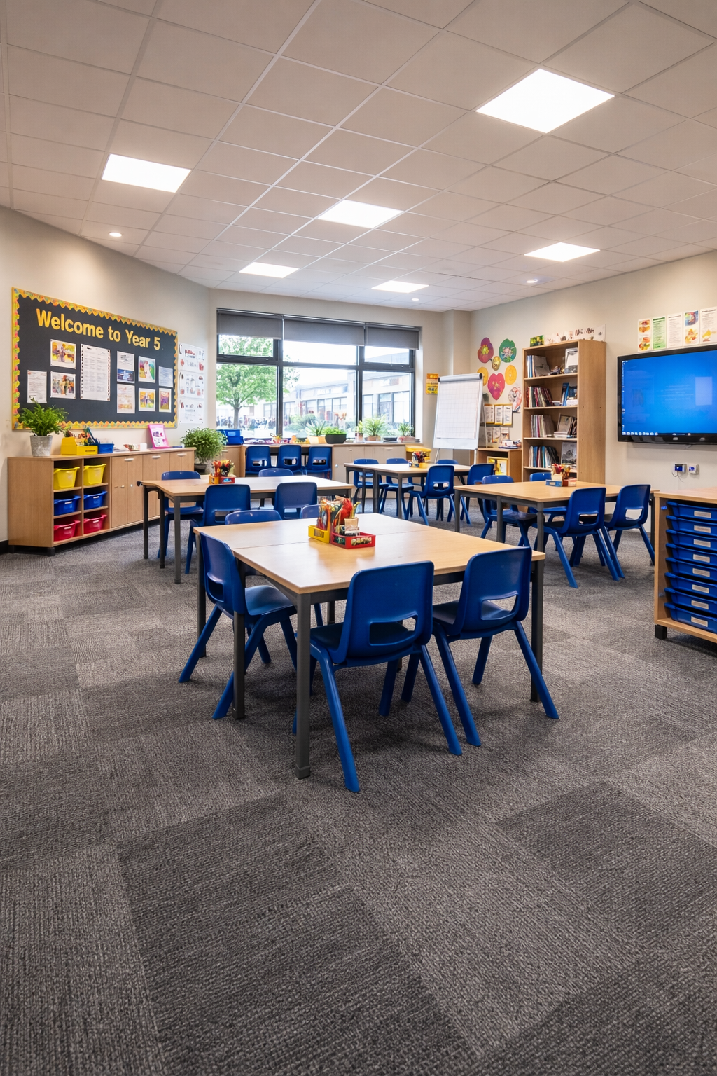 Commercial carpet tile flooring installed in a modern UK primary school classroom with desks and blue chairs
