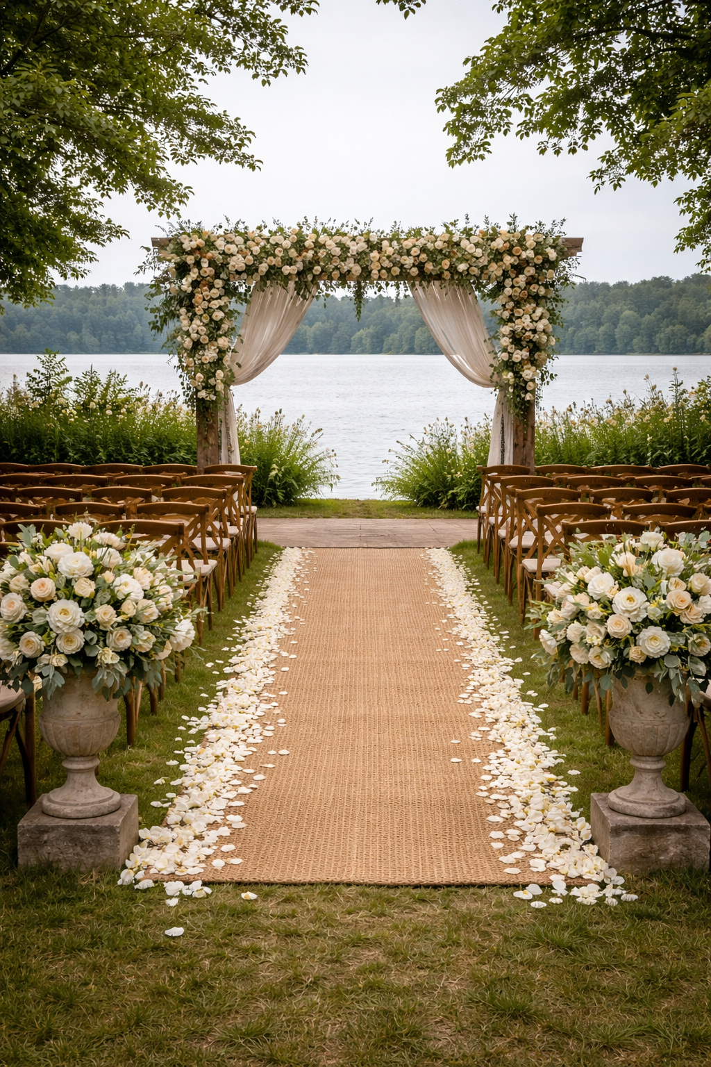 Outdoor event aisle flooring with carpet runner and seating, suitable for weddings and ceremonies in Surrey and South West London