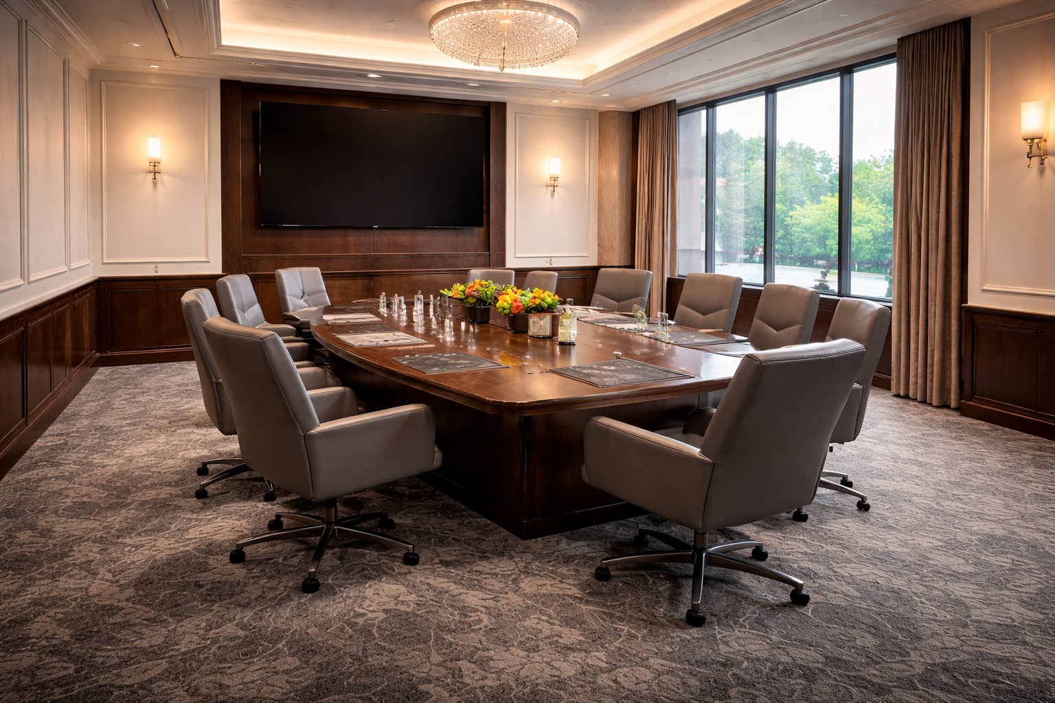 Modern boardroom with oval meeting table, grey chairs and dark grey commercial carpet flooring.
