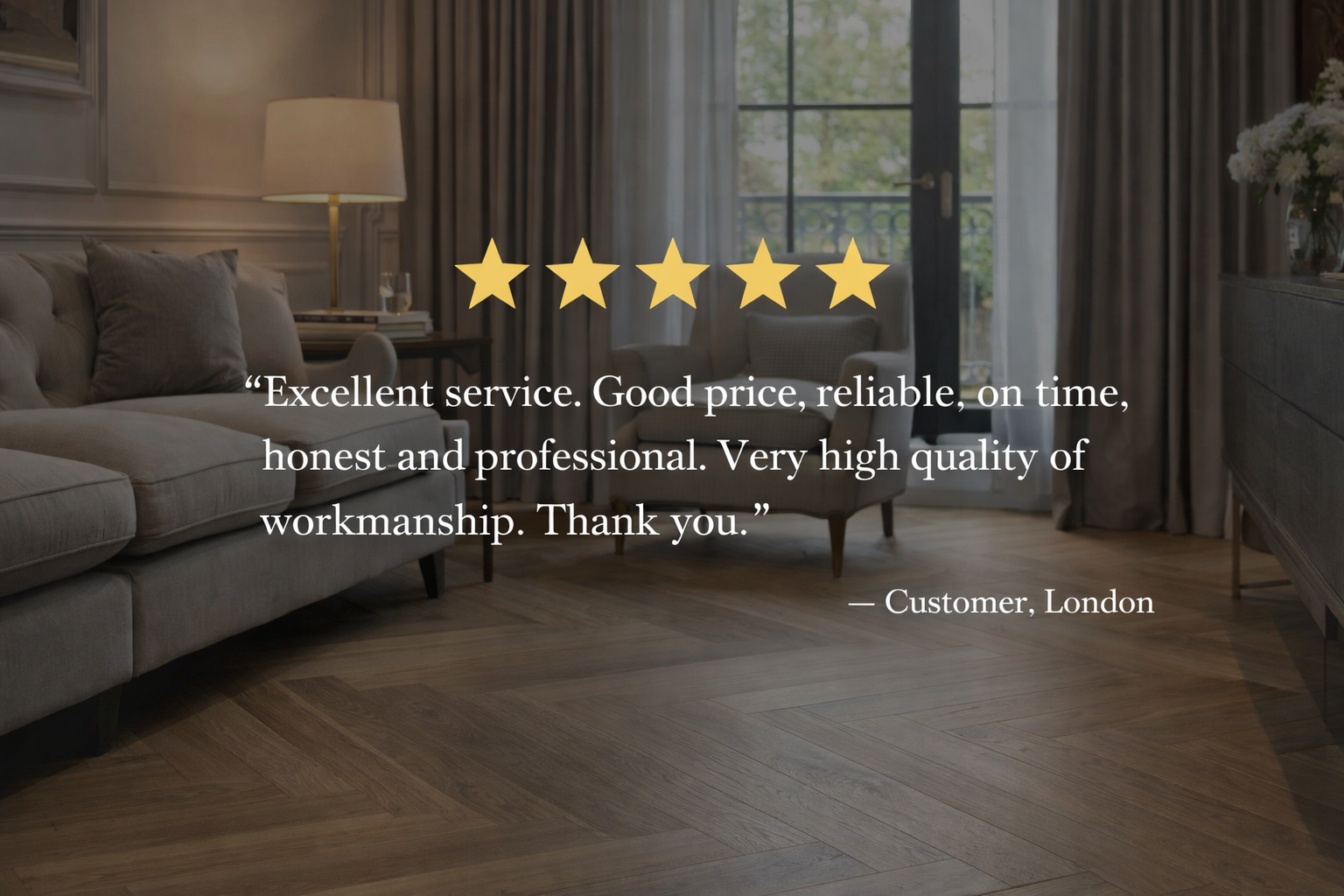 Five-star customer review for A.G. Carpet & Flooring Ltd displayed over a luxury living room interior in Surbiton and South West London