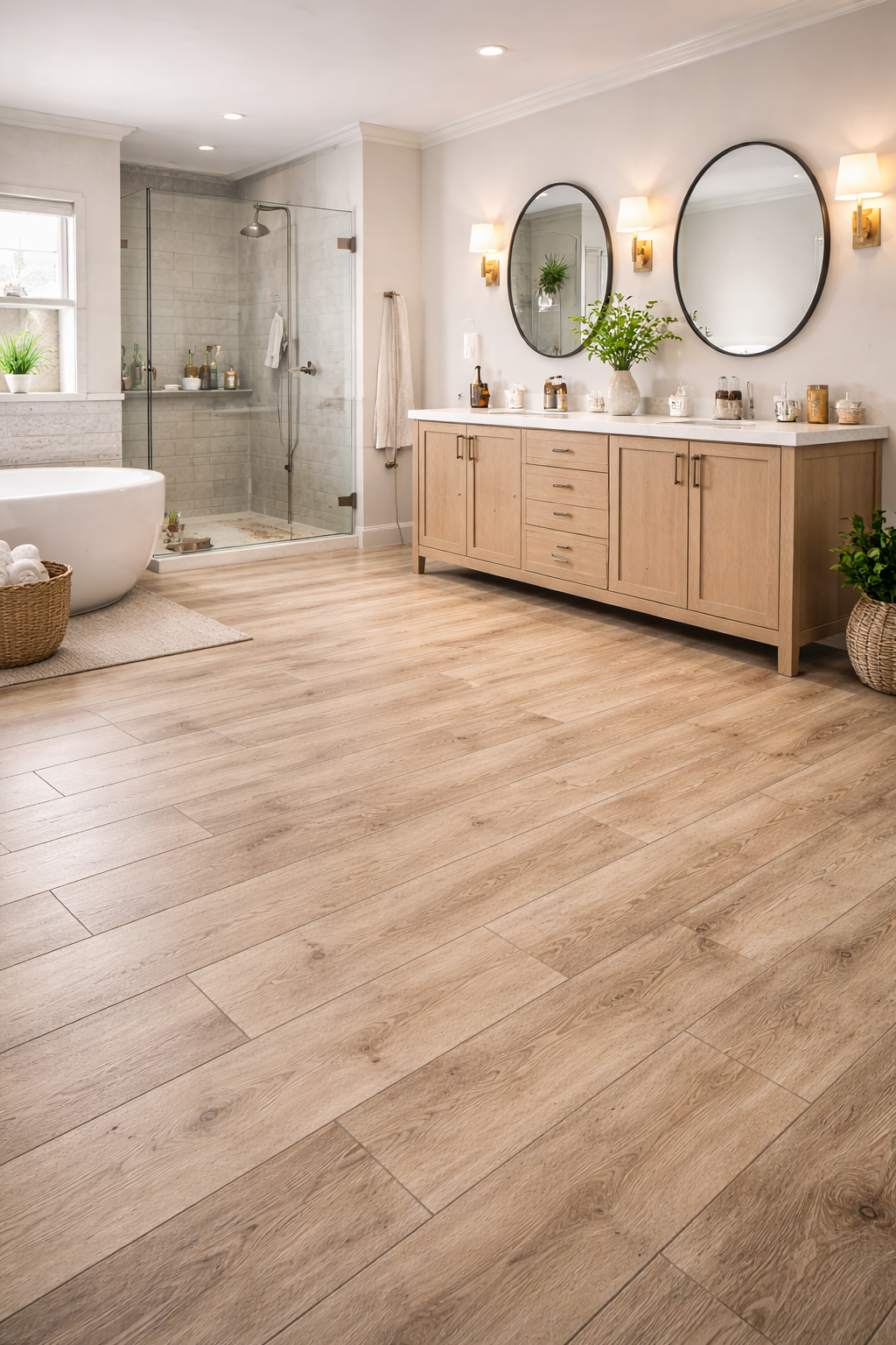 Water-resistant laminate flooring installed in a modern bathroom with freestanding bath and walk-in shower in Surbiton, Surrey.