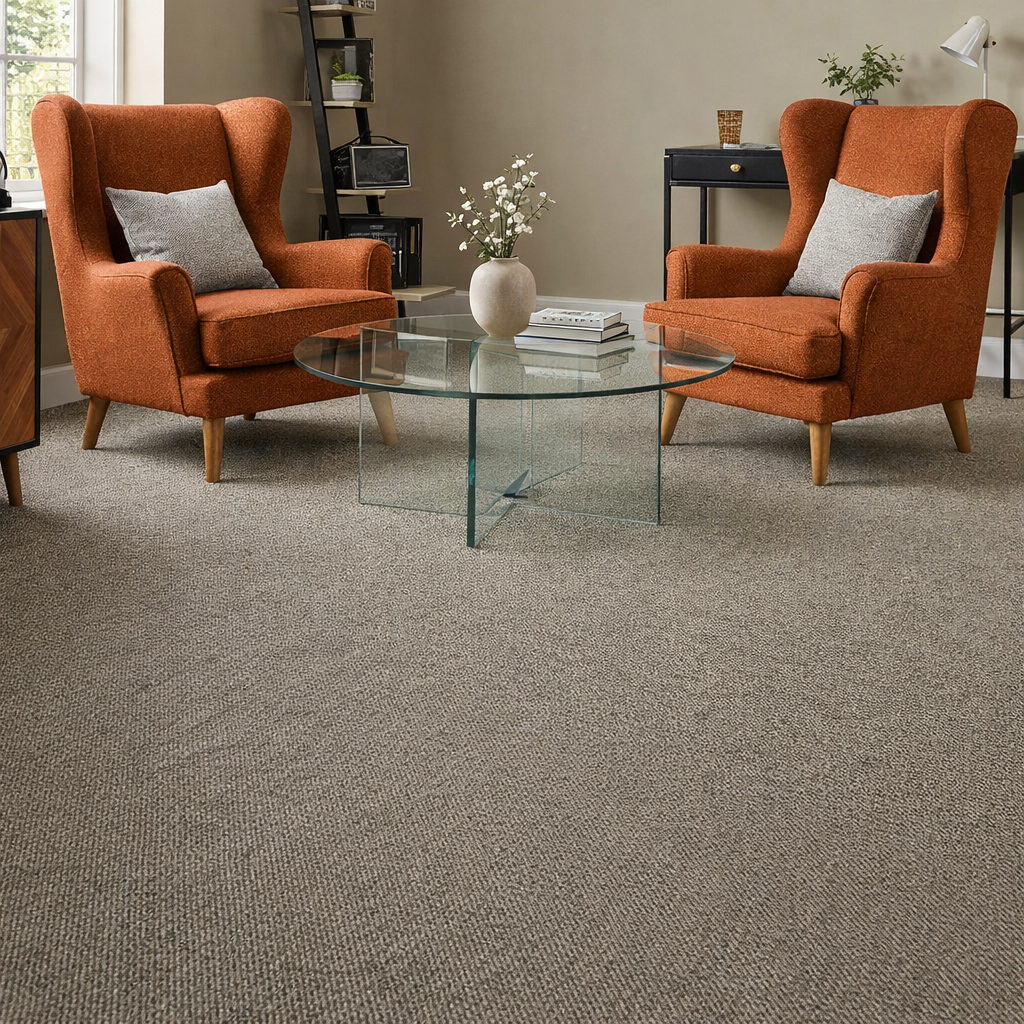 Loop pile carpet in a styled living room with wingback chairs and a bonded glass coffee table, showing a durable, textured carpet finish