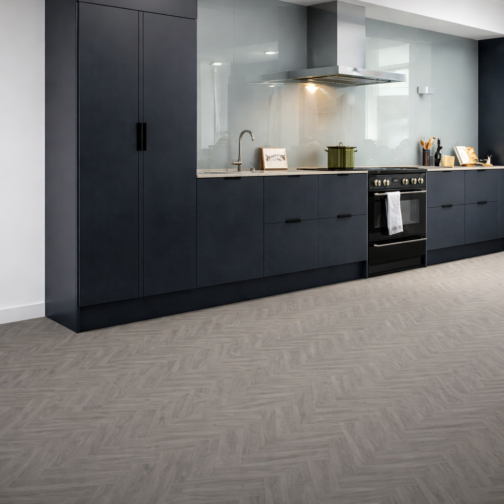 High-end modern kitchen with dark cabinetry, glass splashback, integrated appliances and herringbone pattern vinyl flooring in a contemporary home