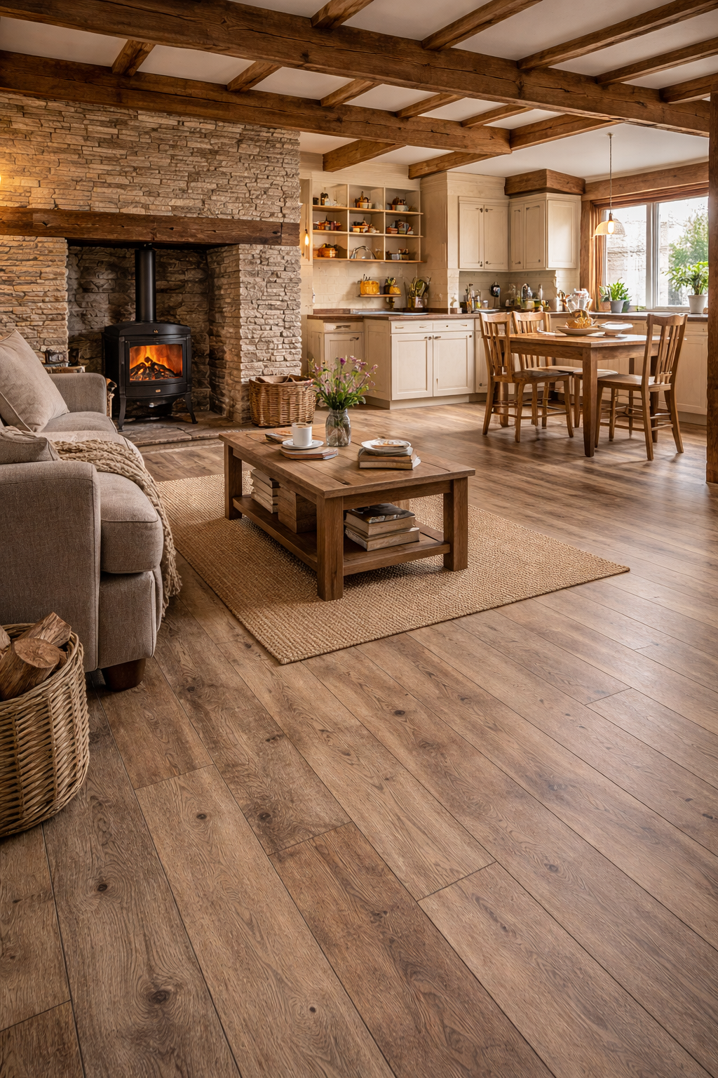 Rustic laminate flooring fitted in a cosy cottage interior with exposed beams and wood burner in Surrey.