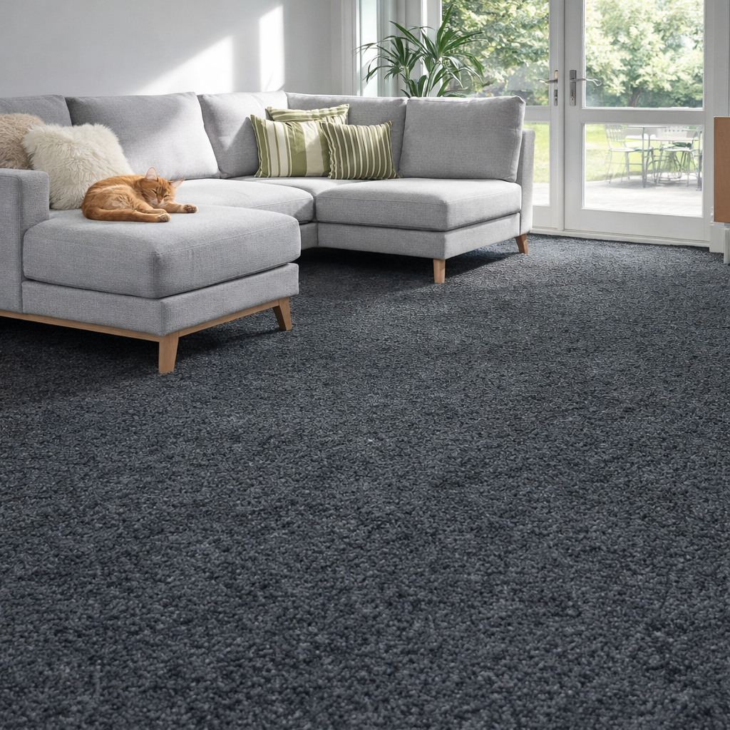 Felt-back carpet fitted in a living room with large corner sofa, patio doors to the garden and a cat resting on the sofa, showing a durable family-friendly flooring option