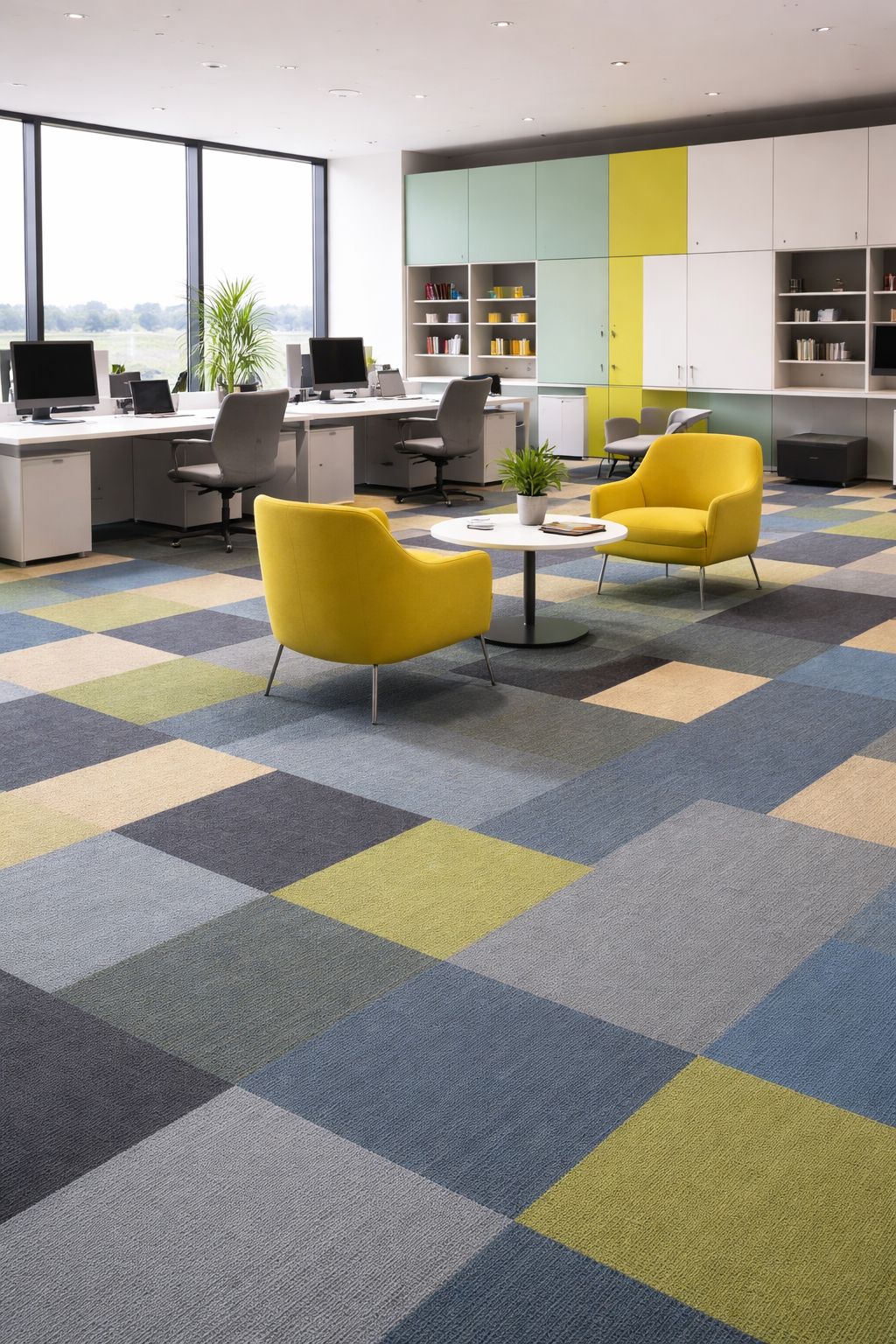 Open-plan office with multicoloured carpet tiles installed across the floor, featuring desks, yellow lounge chairs and modern storage units.