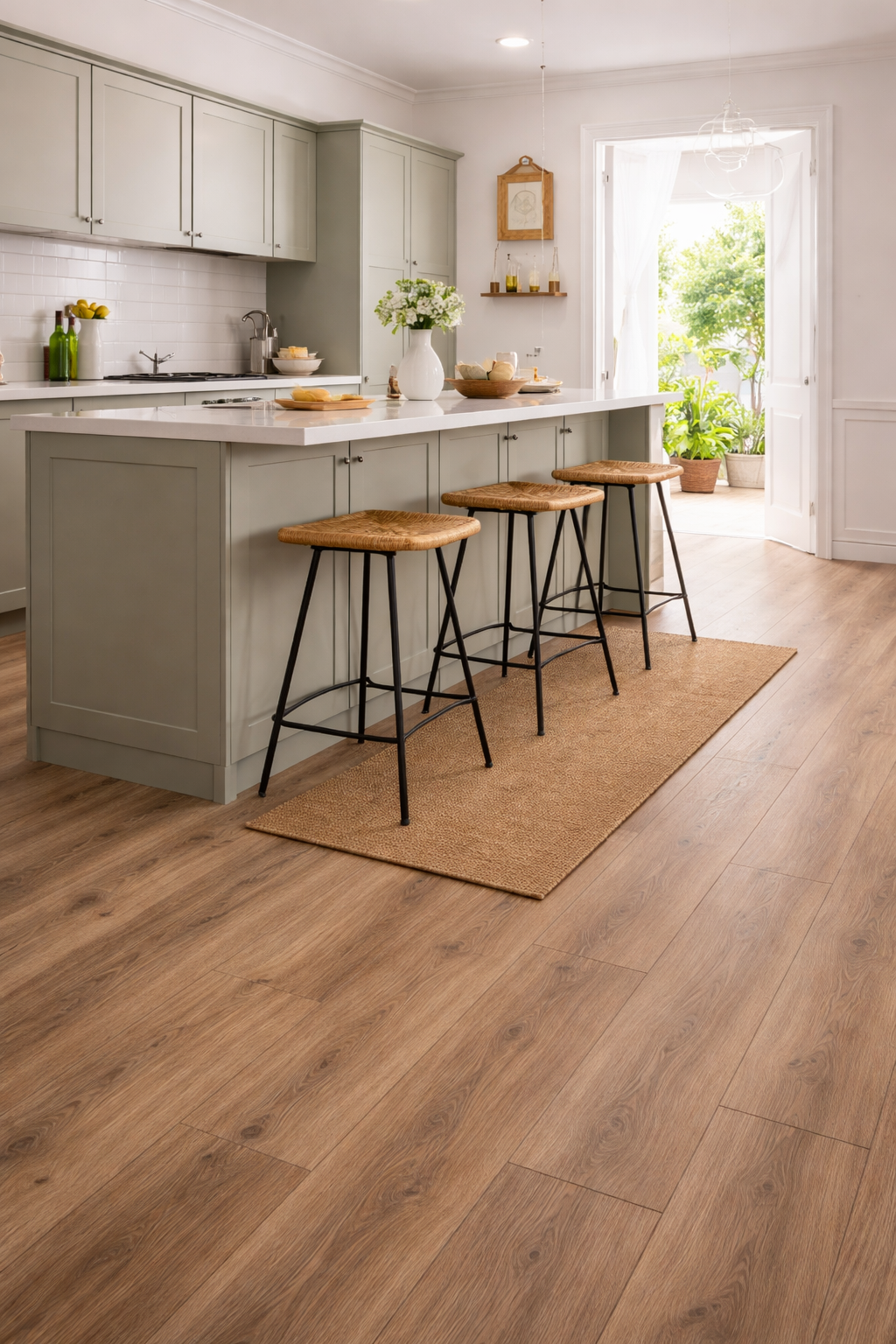 Light oak laminate flooring fitted in a bright modern kitchen with sage green units and clean contemporary styling in Surbiton and Southwest London