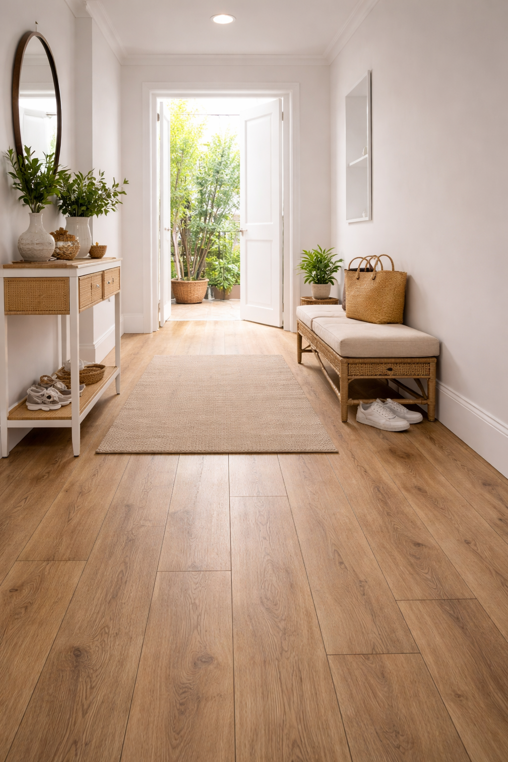 Light oak laminate flooring fitted in a bright modern hallway with natural décor and clean finish in Surbiton and Southwest London