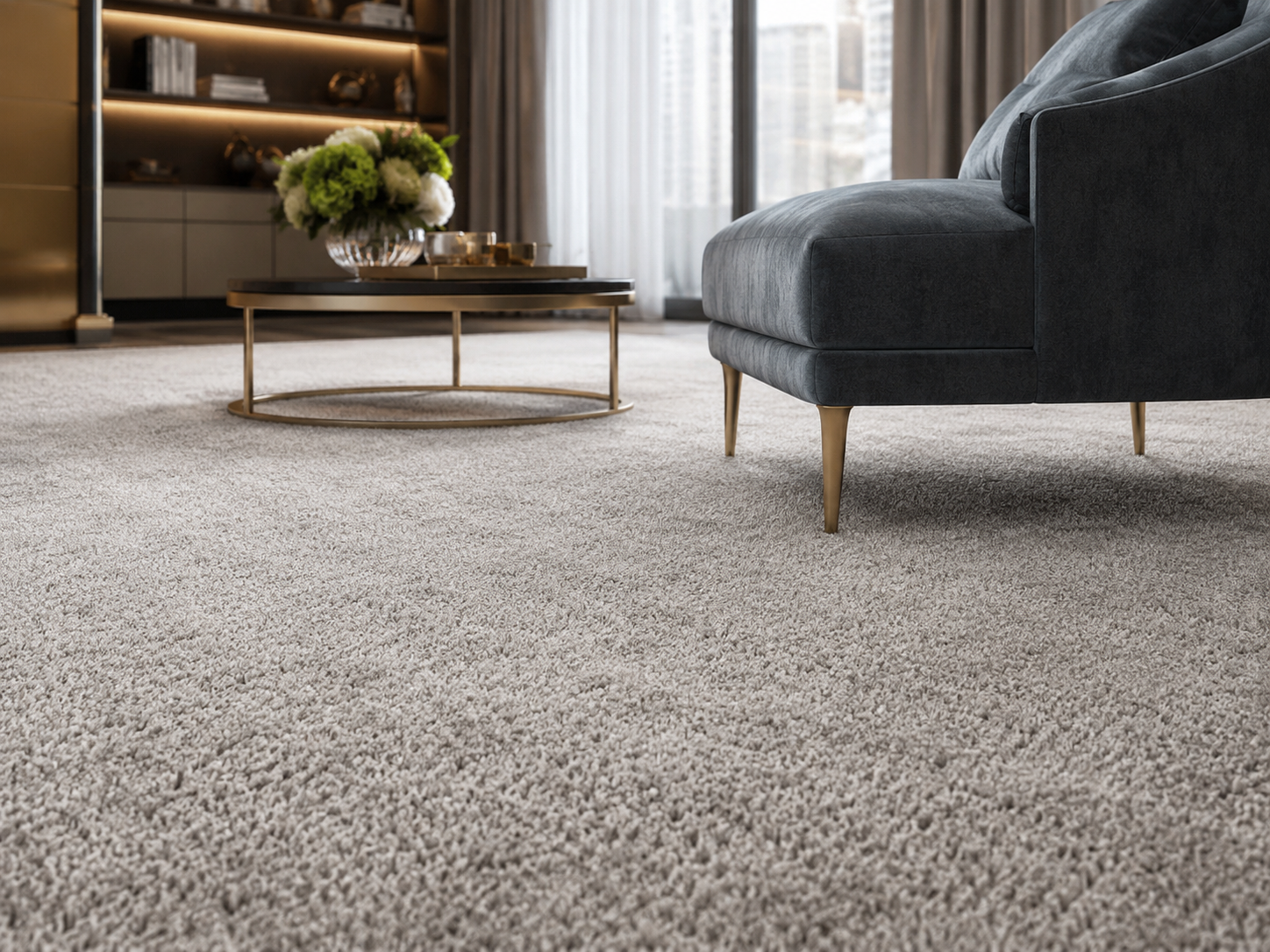 Luxury grey carpet installed in an elegant bedroom by AG Carpet & Flooring, creating a soft and comfortable premium flooring finish.