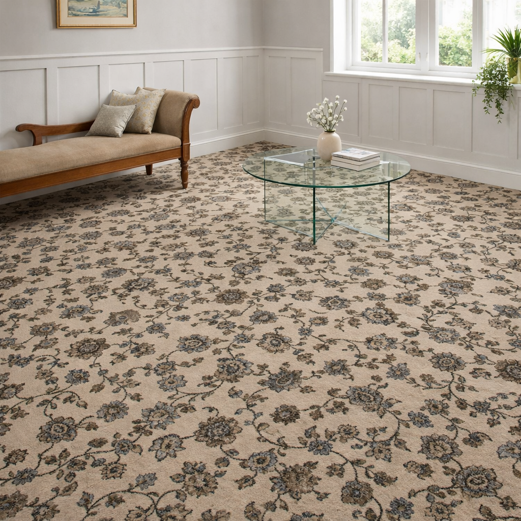 Woven carpet in a traditional living room with patterned design, wall panelling, timber chaise longue and a bonded glass coffee table