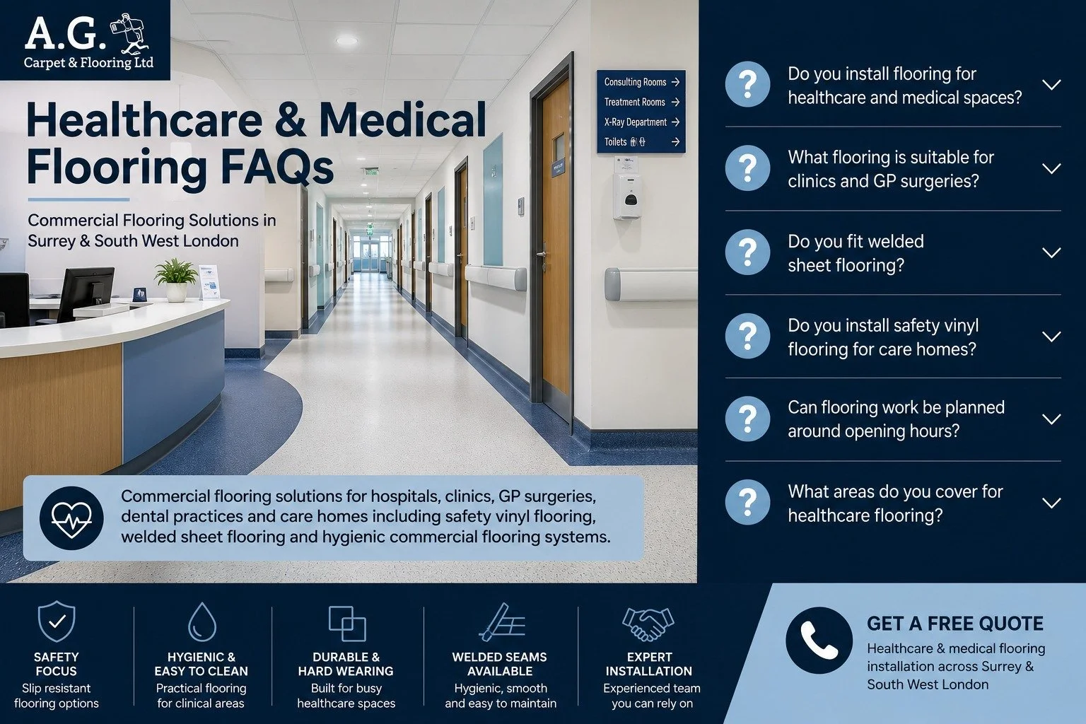 Healthcare and medical flooring FAQs for safety vinyl, welded sheet flooring, clinics, GP surgeries, dental practices and care home flooring installation by A.G. Carpet & Flooring across Surrey and South West London.