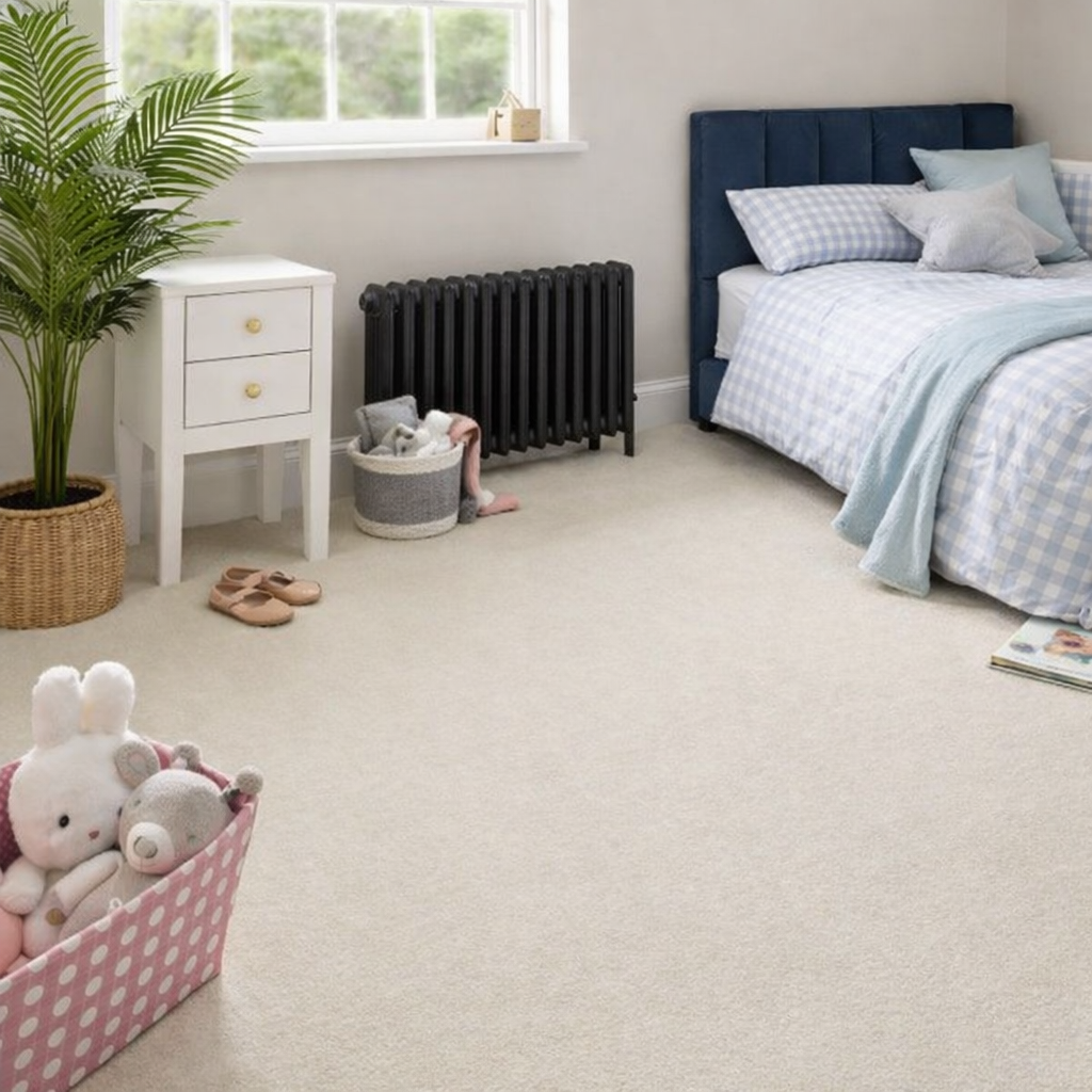100% wool and wool-blend carpet in a country living cottage interior with open French doors to the garden, showcasing a soft, natural hero carpet.