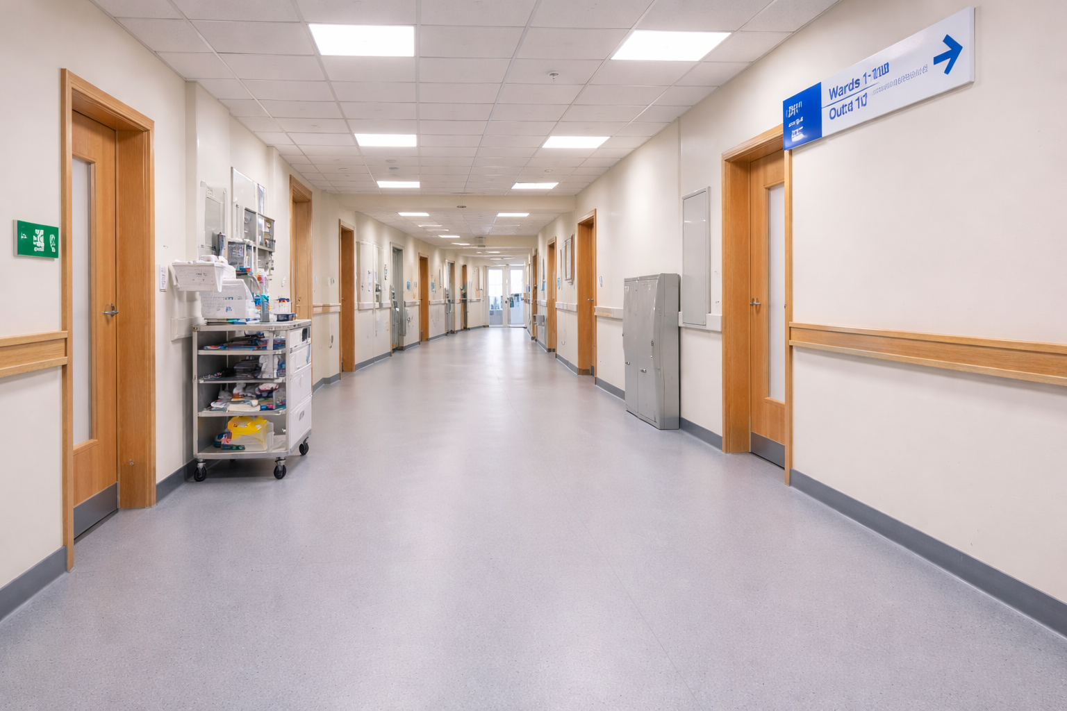 Non slip safety vinyl flooring installed in a modern UK hospital corridor designed for hygiene and heavy foot traffic