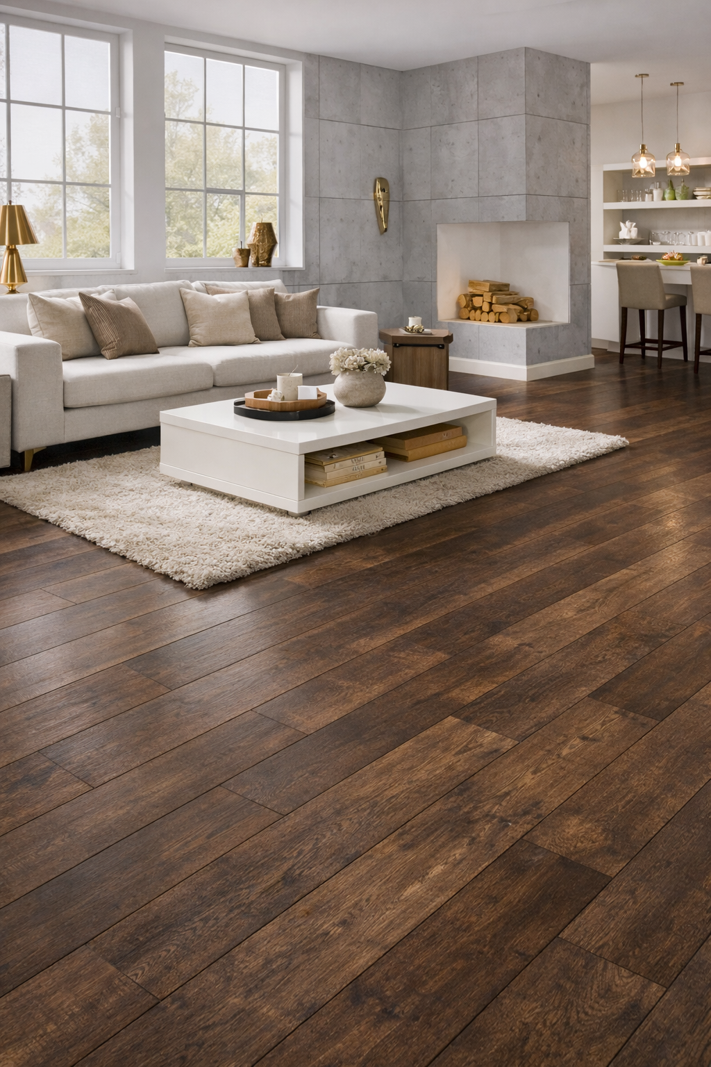 Luxury dark laminate flooring in a high-end living room in Surbiton and South West London