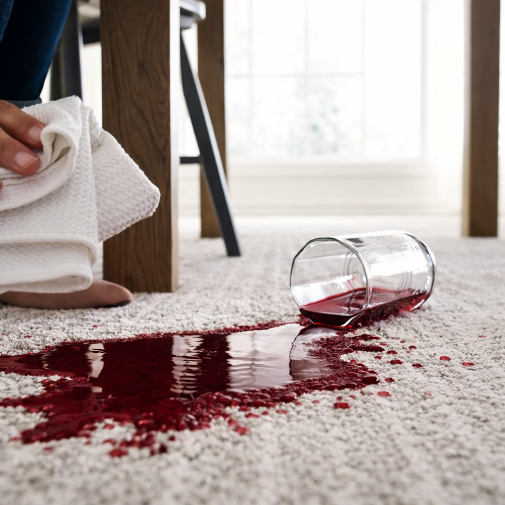 Red wine spilled on bleach-cleanable carpet being blotted for stain removal