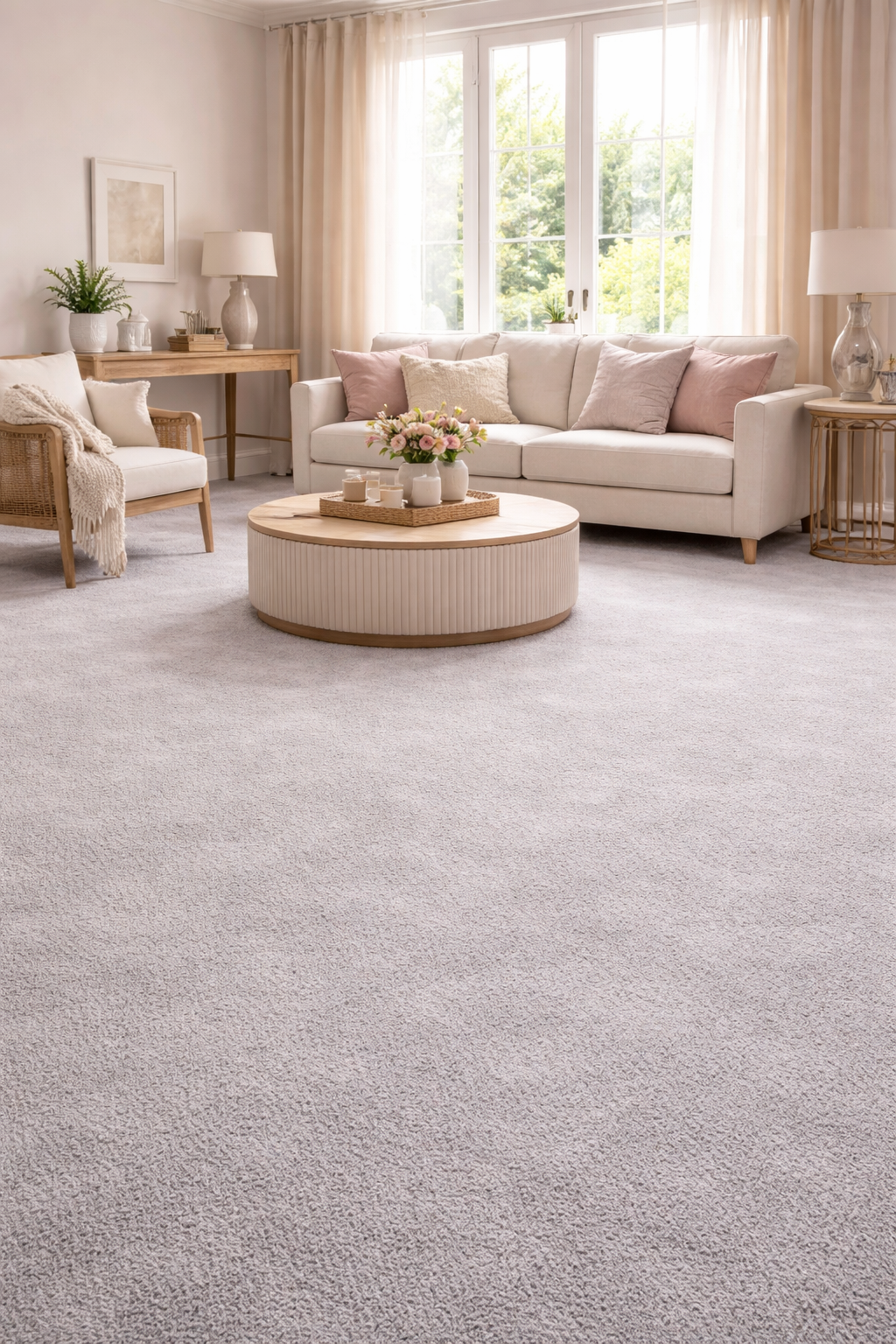 Soft light grey Saxony carpet fitted in a bright elegant living room with neutral furniture and modern styling in Surbiton and Southwest London
