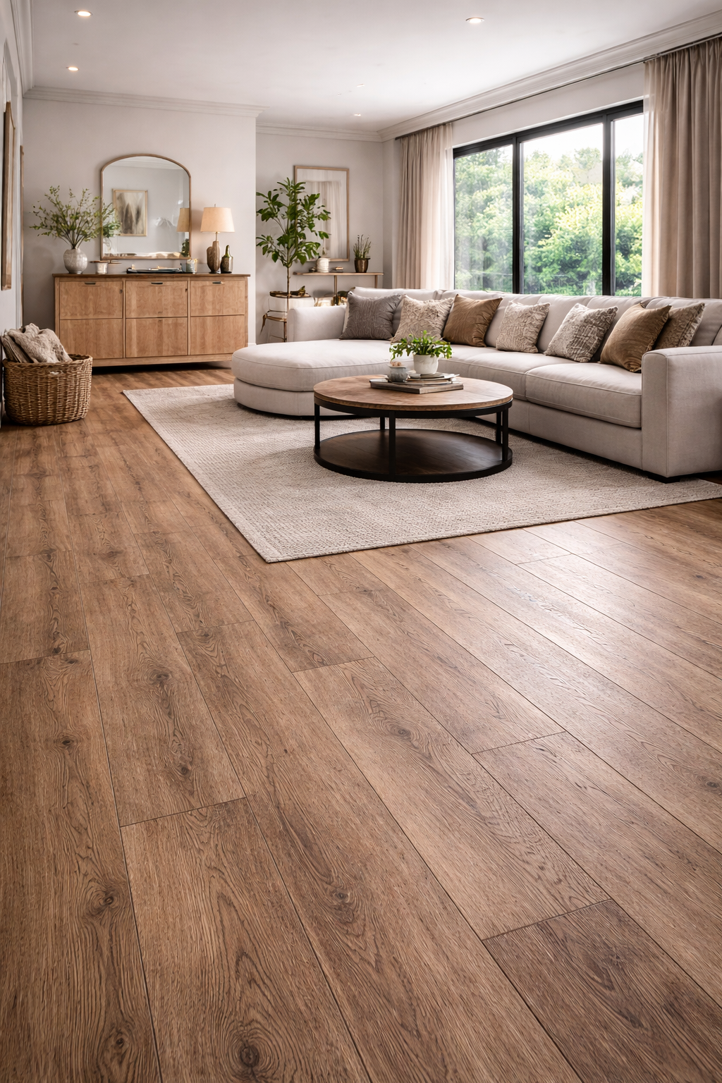 Textured laminate flooring with natural wood grain effect fitted in a contemporary living room in Surrey.