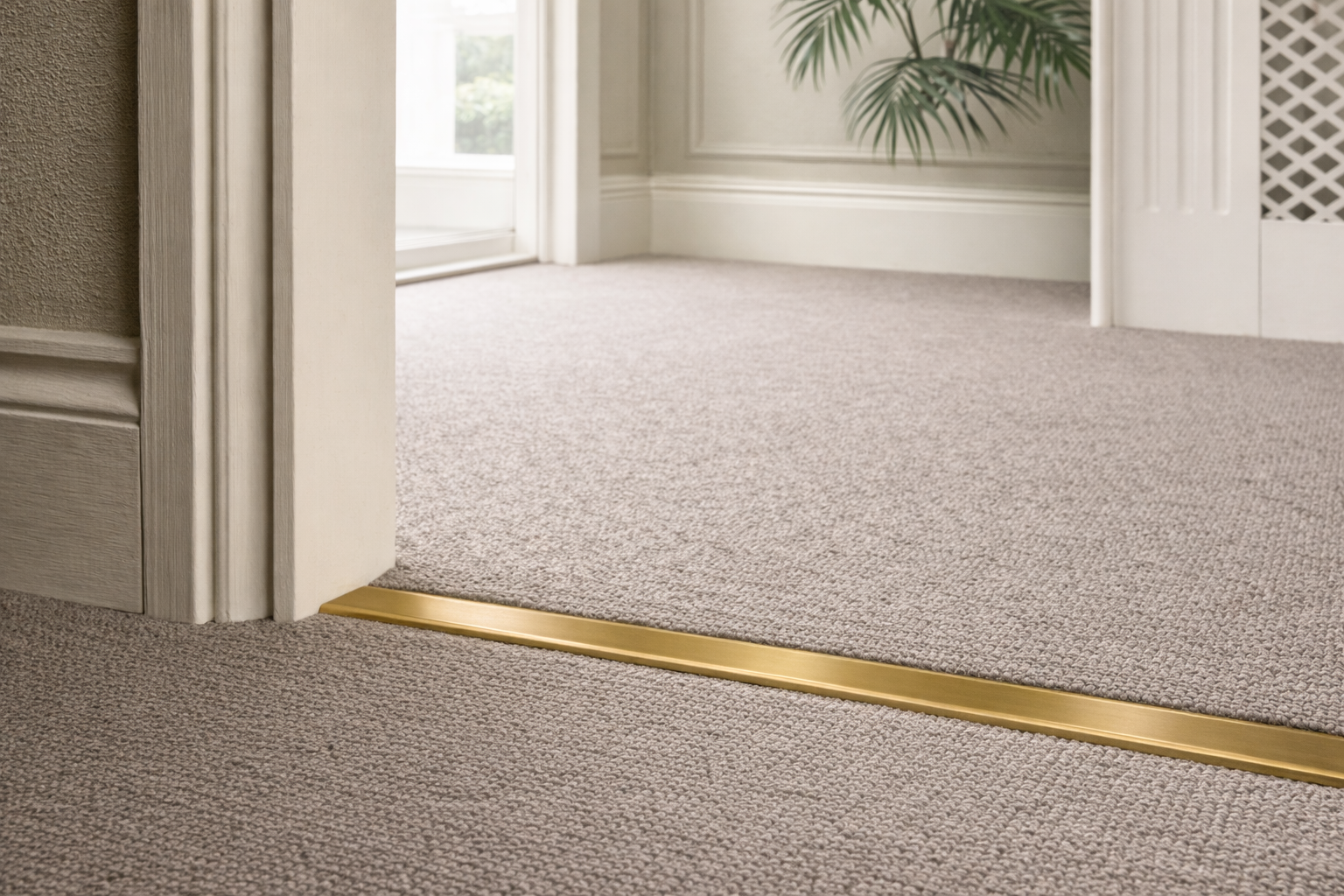 Slim brushed brass door bar fitted flush between grey carpets in a luxury interior doorway