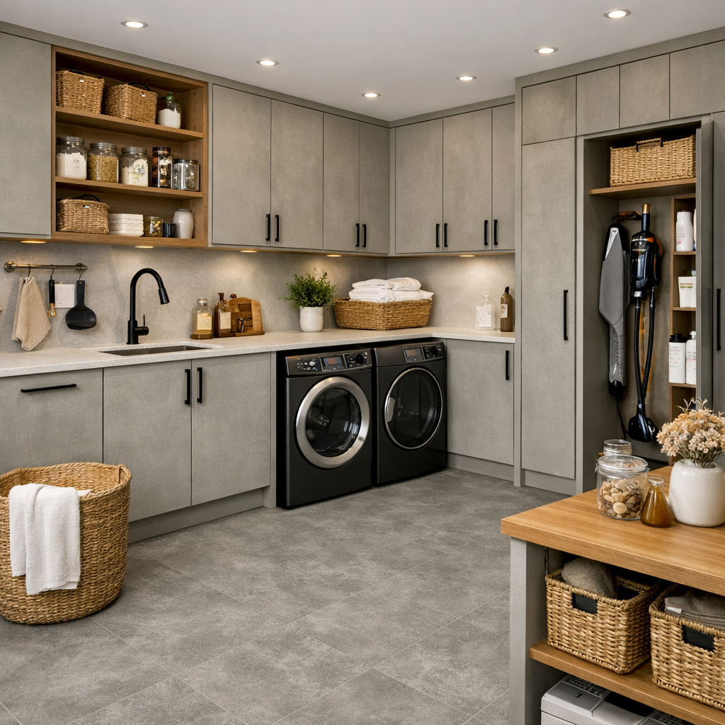 Stone effect vinyl flooring in a high-end utility kitchen with modern cabinetry, integrated appliances and contemporary utility room design