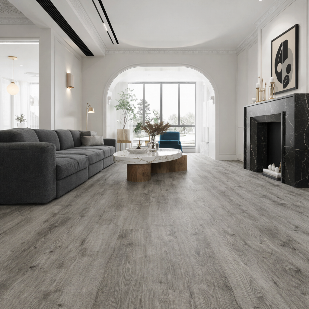 Luxury grey laminate flooring in a high-end living room in Surbiton and South West London