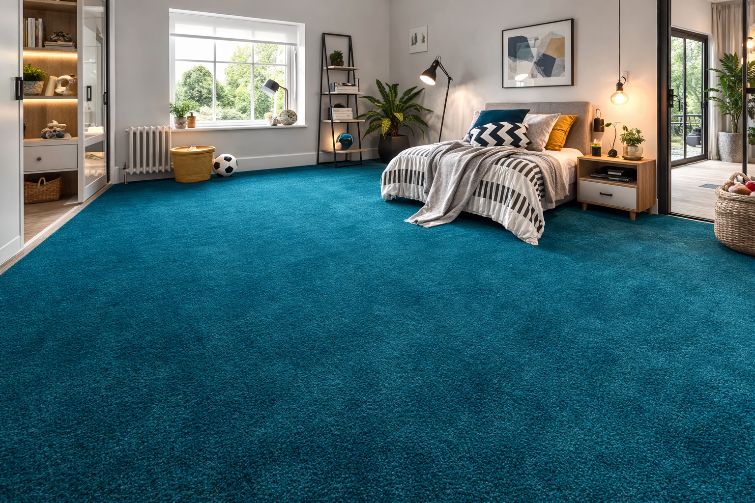 Stain resistant teal carpet fitted in a modern bedroom with sliding doors, contemporary bed and bookcase, styled for family-friendly living.