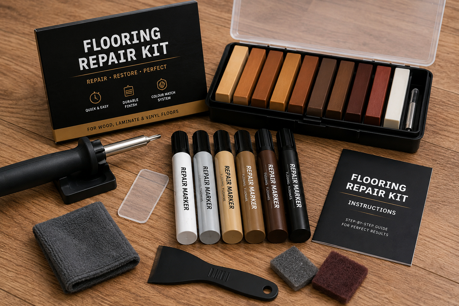 Flooring repair and colour match kit by AG Carpet & Flooring, showing specialist repair pens, filler blocks and tools for restoring damaged wood, laminate and vinyl floors.