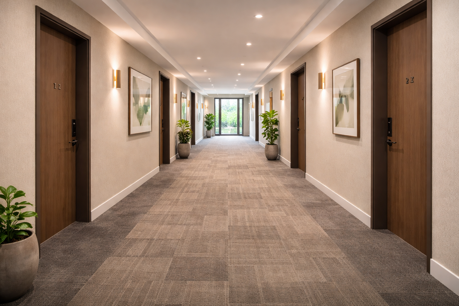 Modern apartment block hallway for landlord and property management marketing, featuring neutral carpet tiles, timber apartment doors, wall lighting and a clean communal corridor interior.
