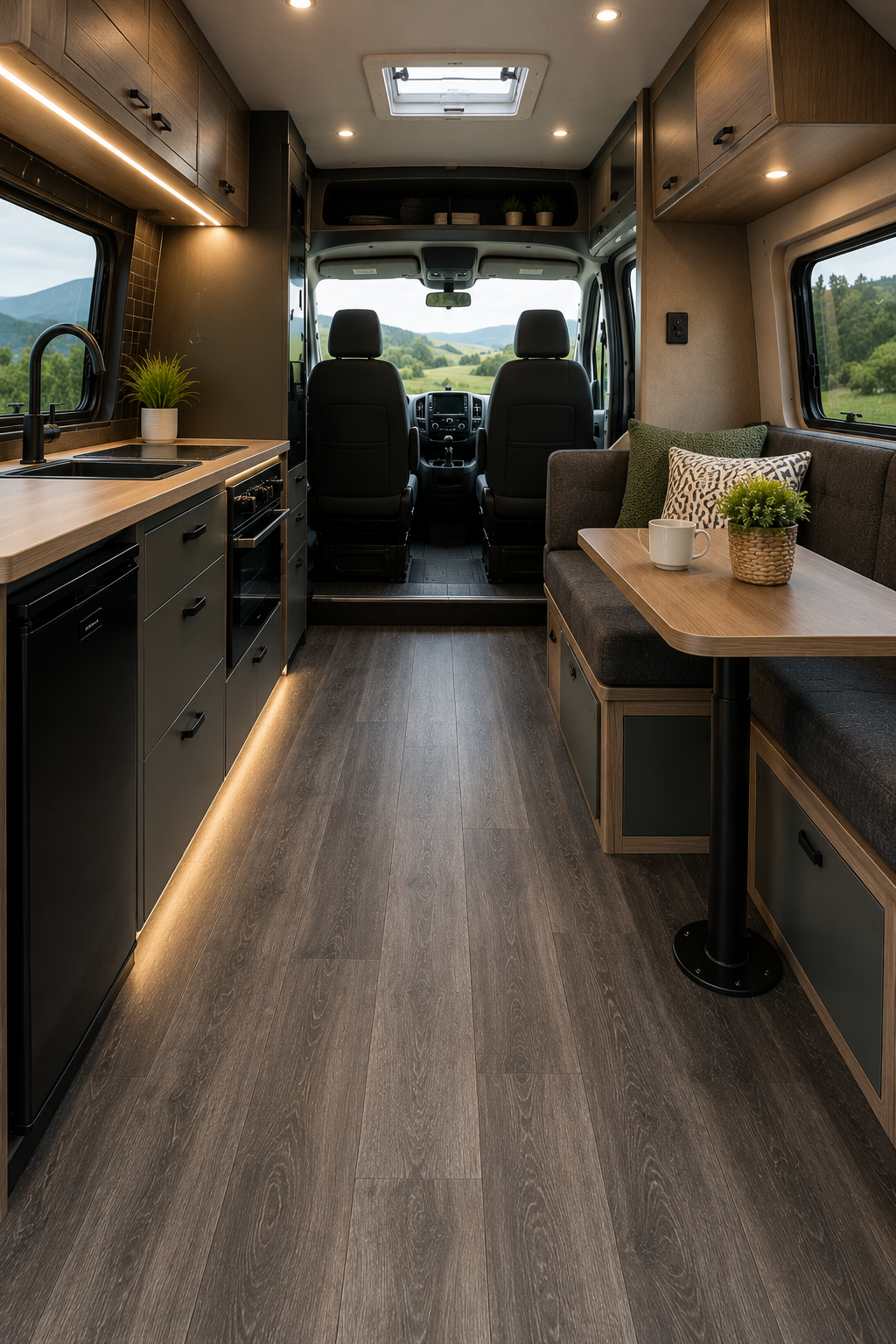 Luxury campervan interior featuring durable wood-effect vinyl flooring designed for modern van conversions, camper interiors, and mobile living spaces. Stylish easy-clean flooring solution ideal for touring vans and compact travel interiors in surrey