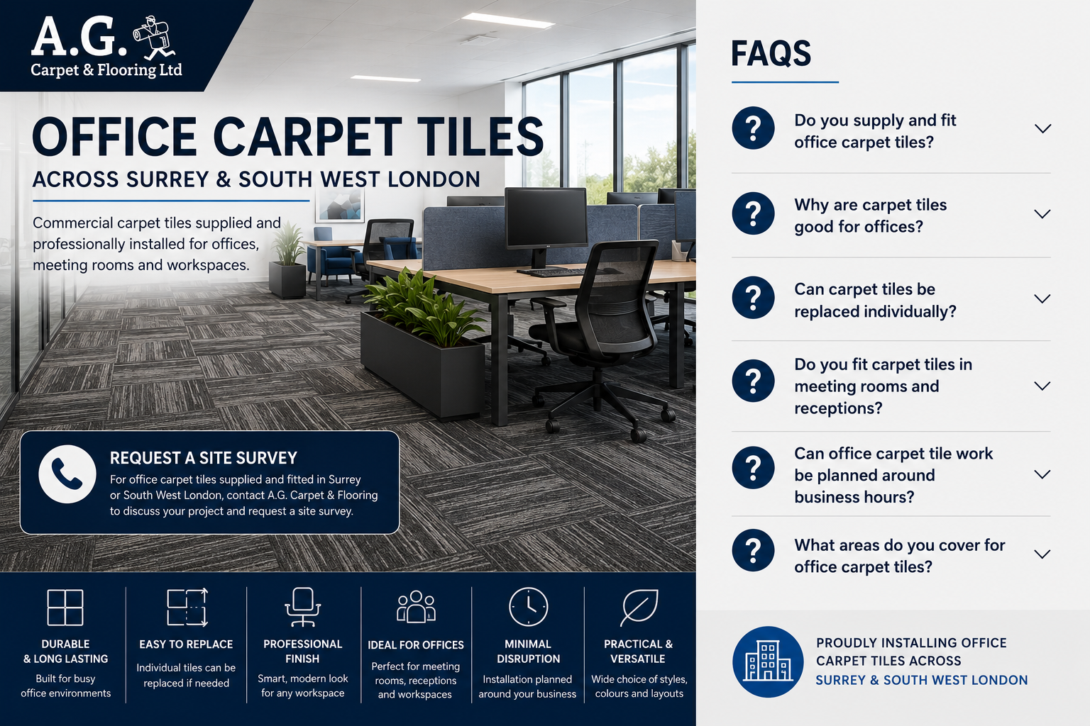 Office carpet tile FAQs for supply, fitting, meeting rooms, workspaces, receptions and commercial carpet tile installation by A.G. Carpet & Flooring across Surrey and South West London.
