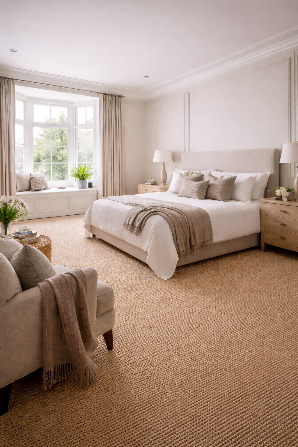 Wall-to-wall jute carpet flooring in a bright neutral bedroom with soft natural textures, full room installation ideal for eco-friendly homes in Surrey and South West London