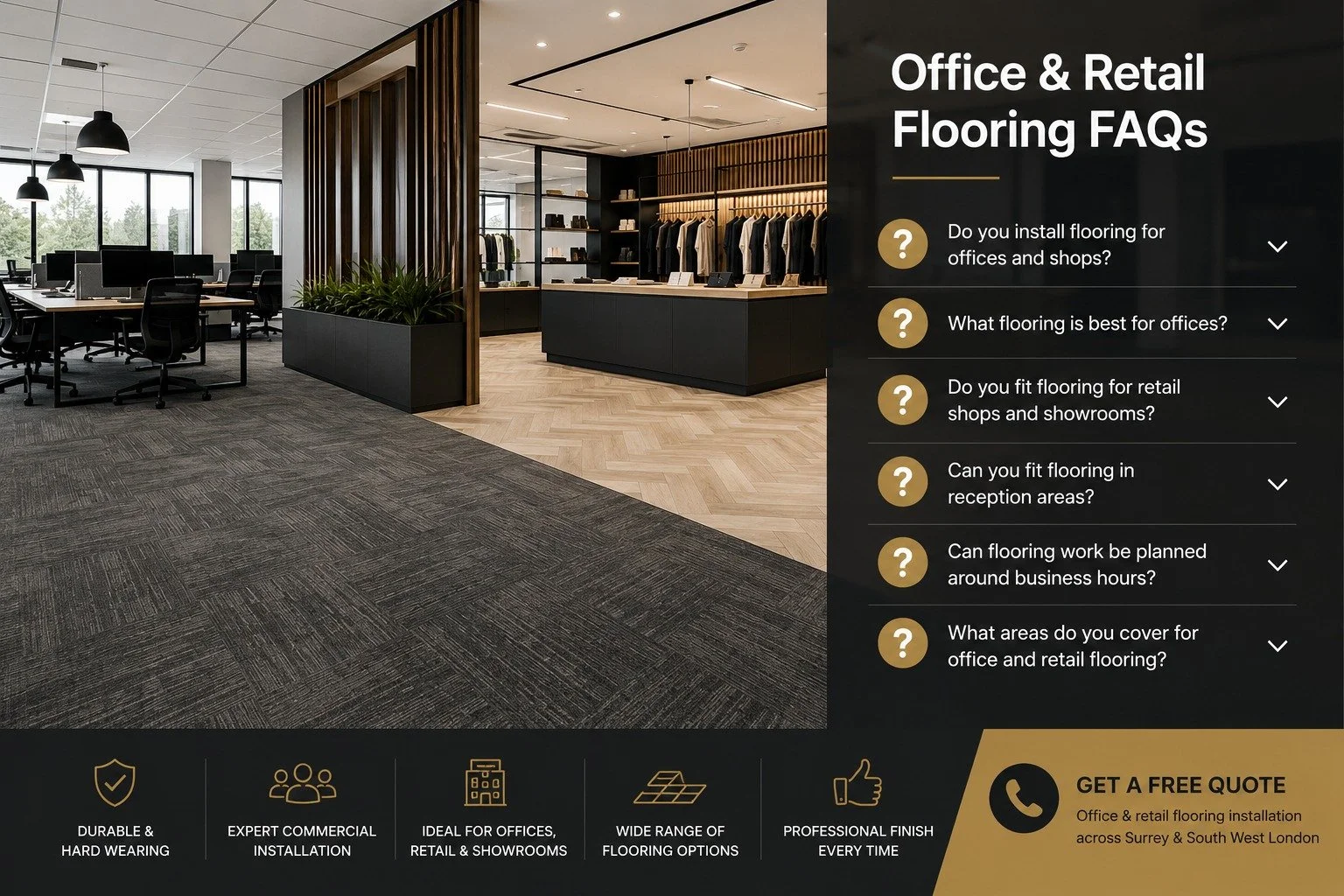 Office and retail flooring FAQs for carpet tiles, LVT, vinyl, safety flooring, receptions, shops and commercial flooring installation by A.G. Carpet & Flooring across Surrey and South West London.