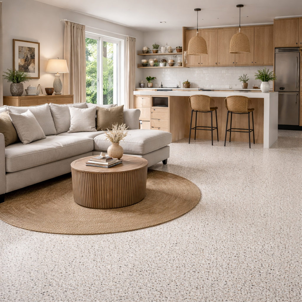 Terrazzo effect vinyl flooring in a modern open-plan living room and kitchen with contemporary furniture and natural wood finishes