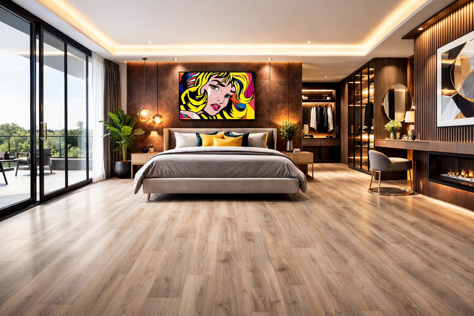 Light oak plank vinyl flooring in a modern bedroom with timber slat feature wall, pop art artwork above the bed and large glass doors to a balcony