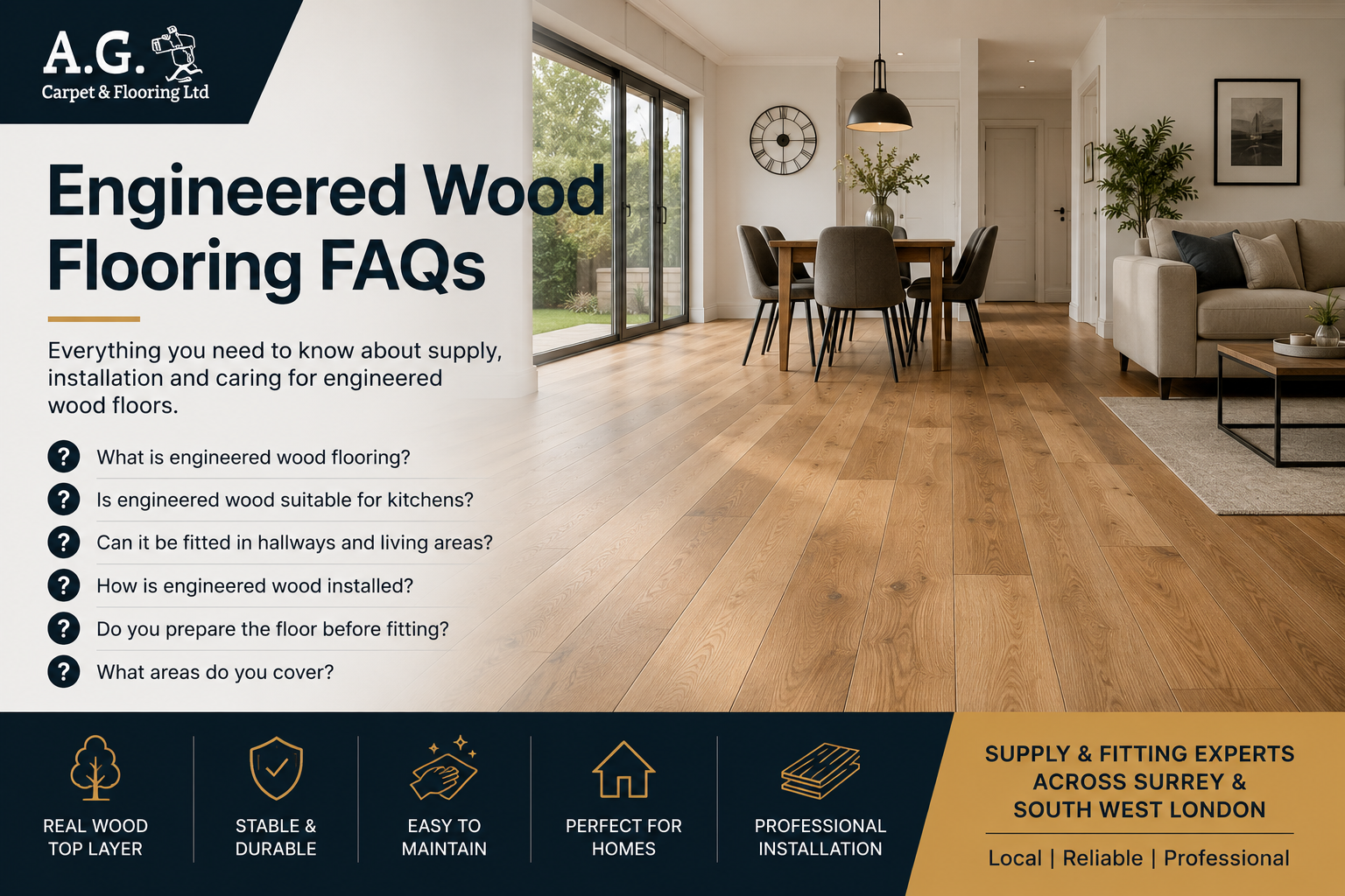 Engineered wood flooring FAQs for supply, fitting, kitchens, lounges, hallways and local installation by A.G. Carpet & Flooring across Surrey and South West London.