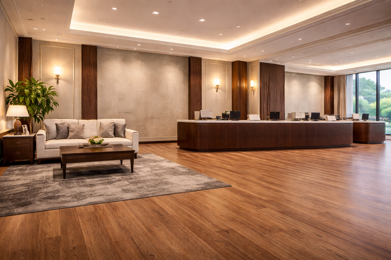 Hotel reception lobby with wood effect luxury vinyl tile flooring, seating area and reception desk in modern hospitality interior.