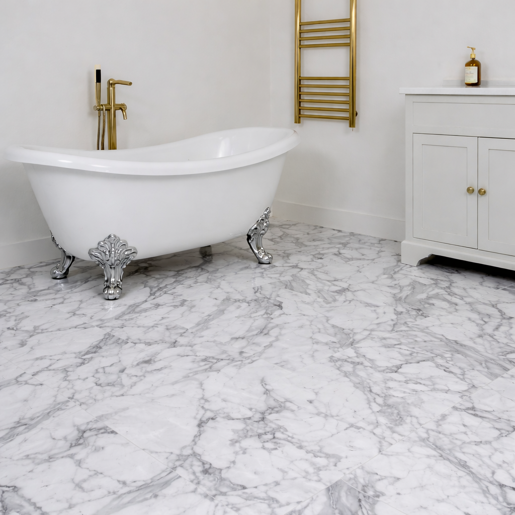 Marble effect vinyl flooring in a modern bathroom with freestanding clawfoot bath, brass fittings and contemporary vanity unit