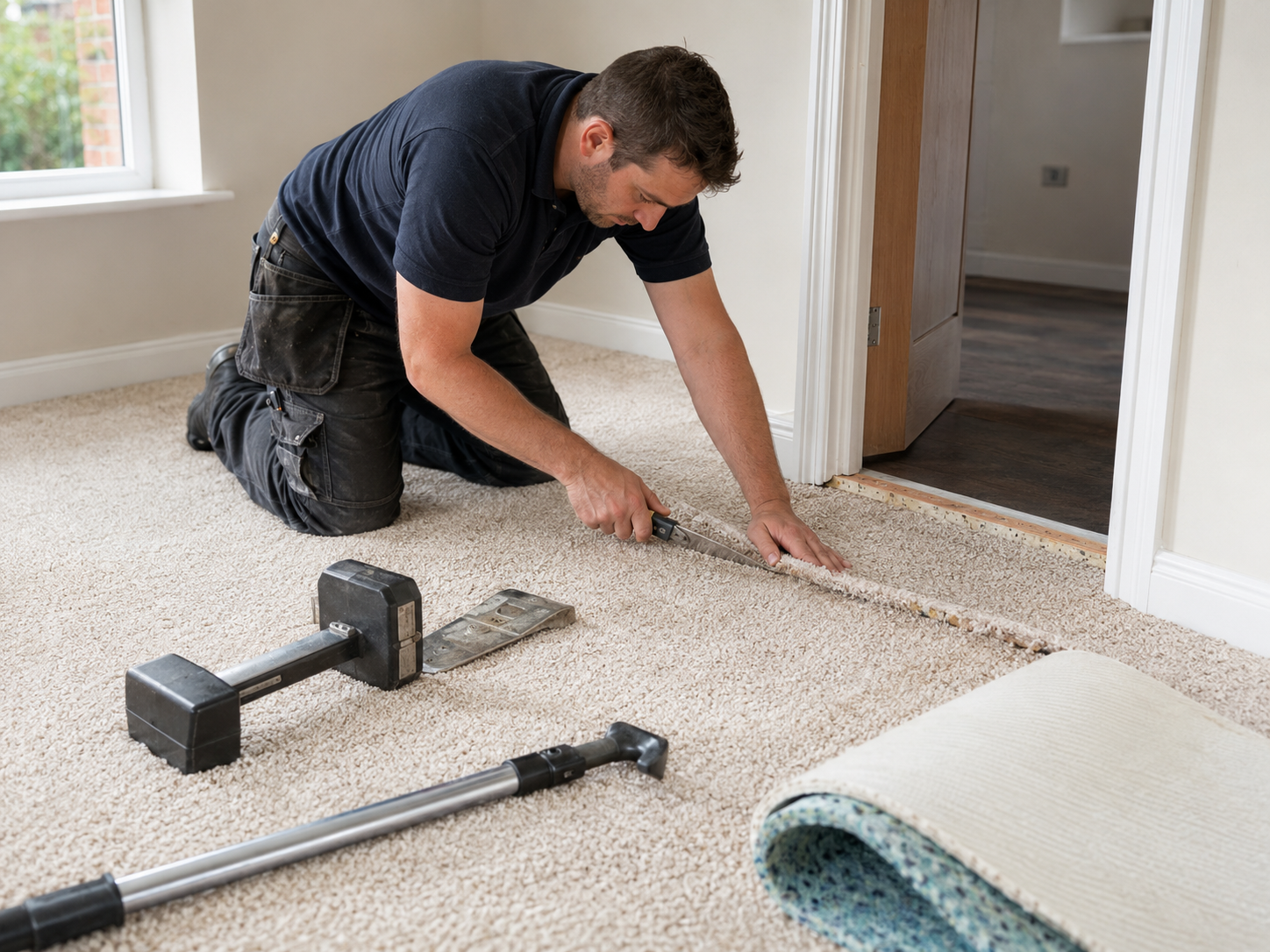 Professional carpet fitter installing carpet in a home