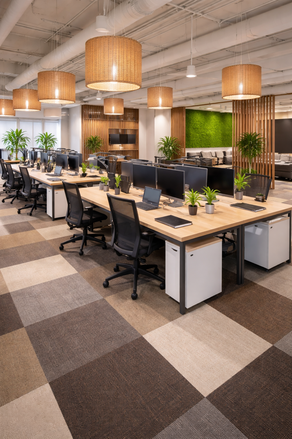 Open-plan office with multicoloured carpet tiles installed across the floor, featuring desks, yellow lounge chairs and modern storage units.