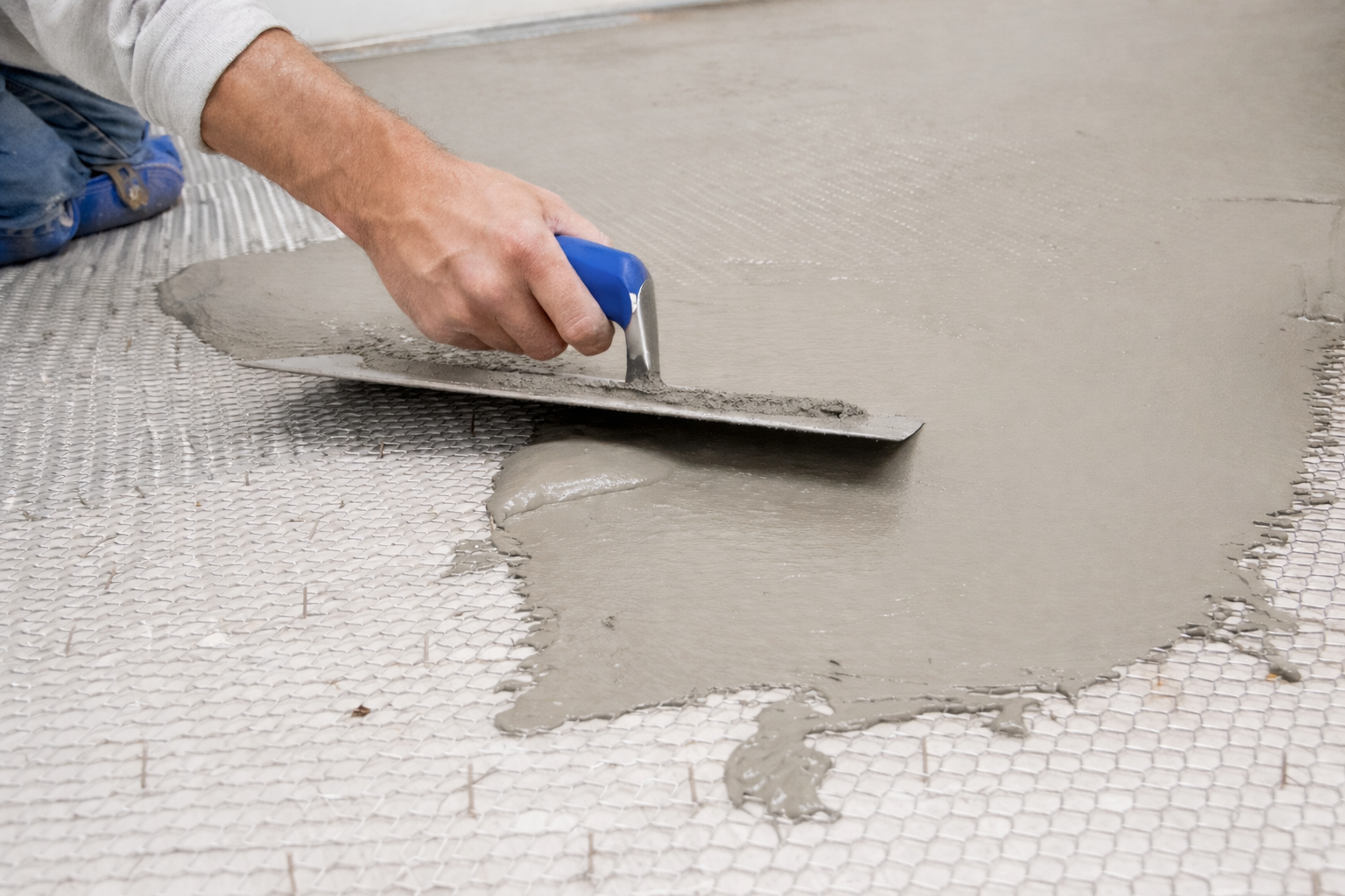 Commercial flooring installer applying self levelling compound during subfloor preparation