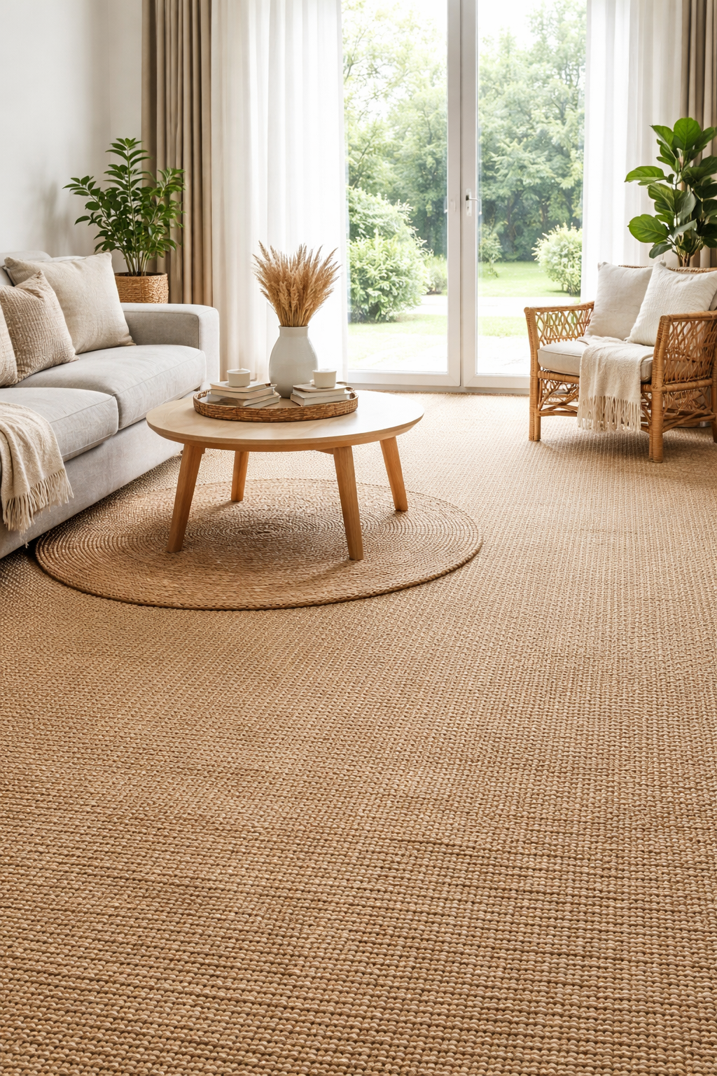 Natural sisal carpet fitted in a bright modern living room with neutral furniture and full floor installation in Surbiton and Southwest London