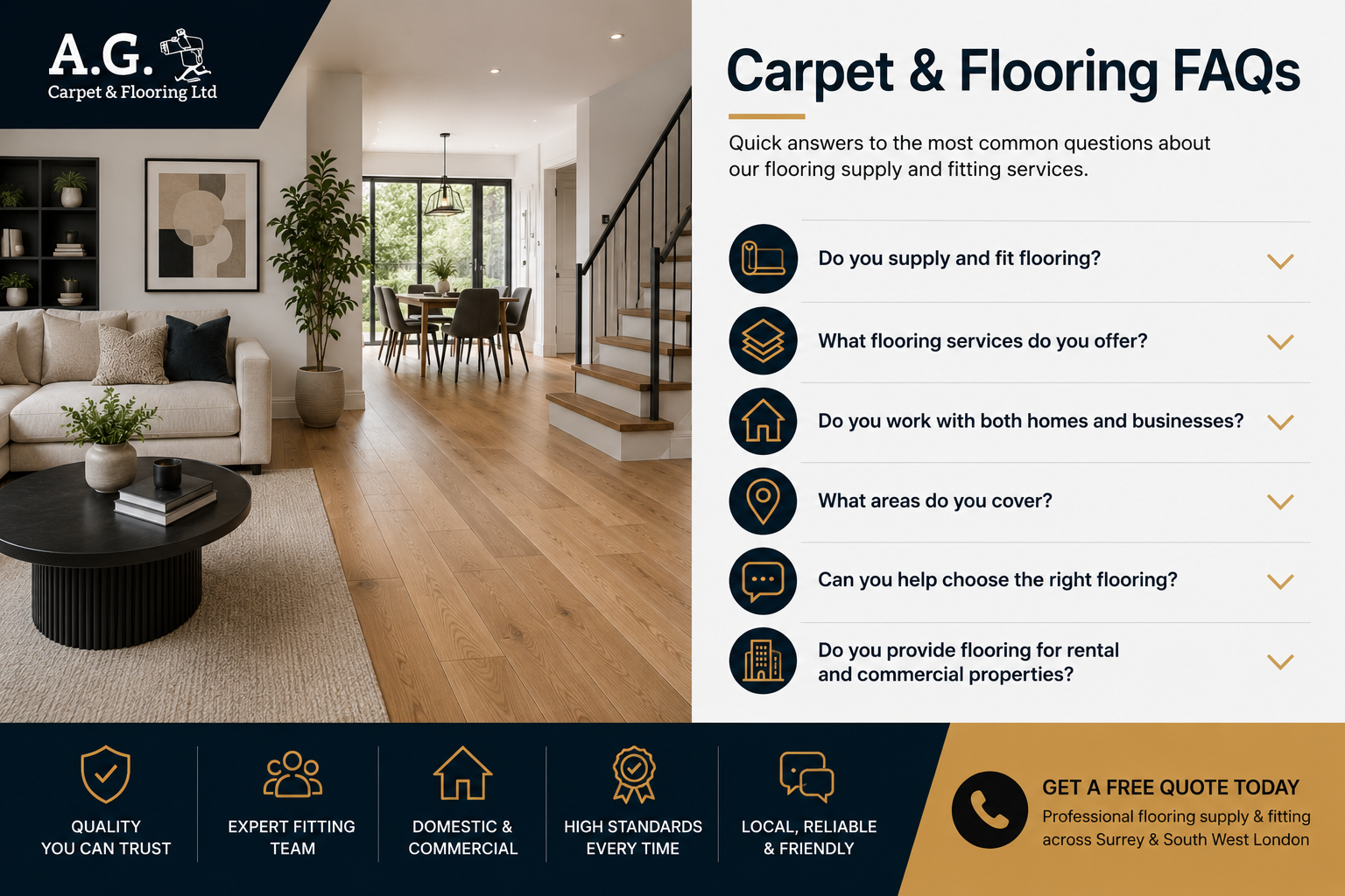 Carpet and flooring FAQs covering carpets, vinyl, LVT, laminate, engineered wood, safety flooring and local fitting services across Surrey and South West London.