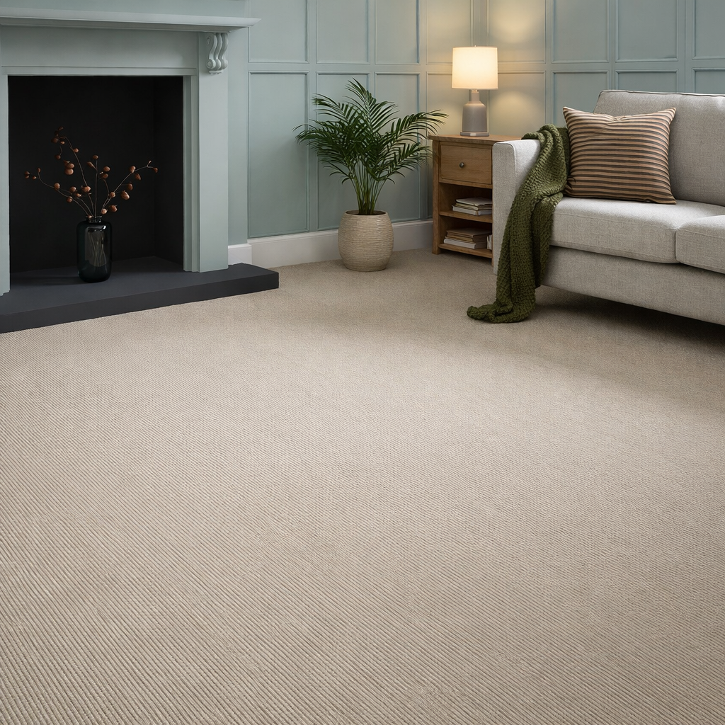 Neutral loop carpet fitted in a living room with duck egg blue wall panelling, feature fireplace, soft lighting and a palm plant.