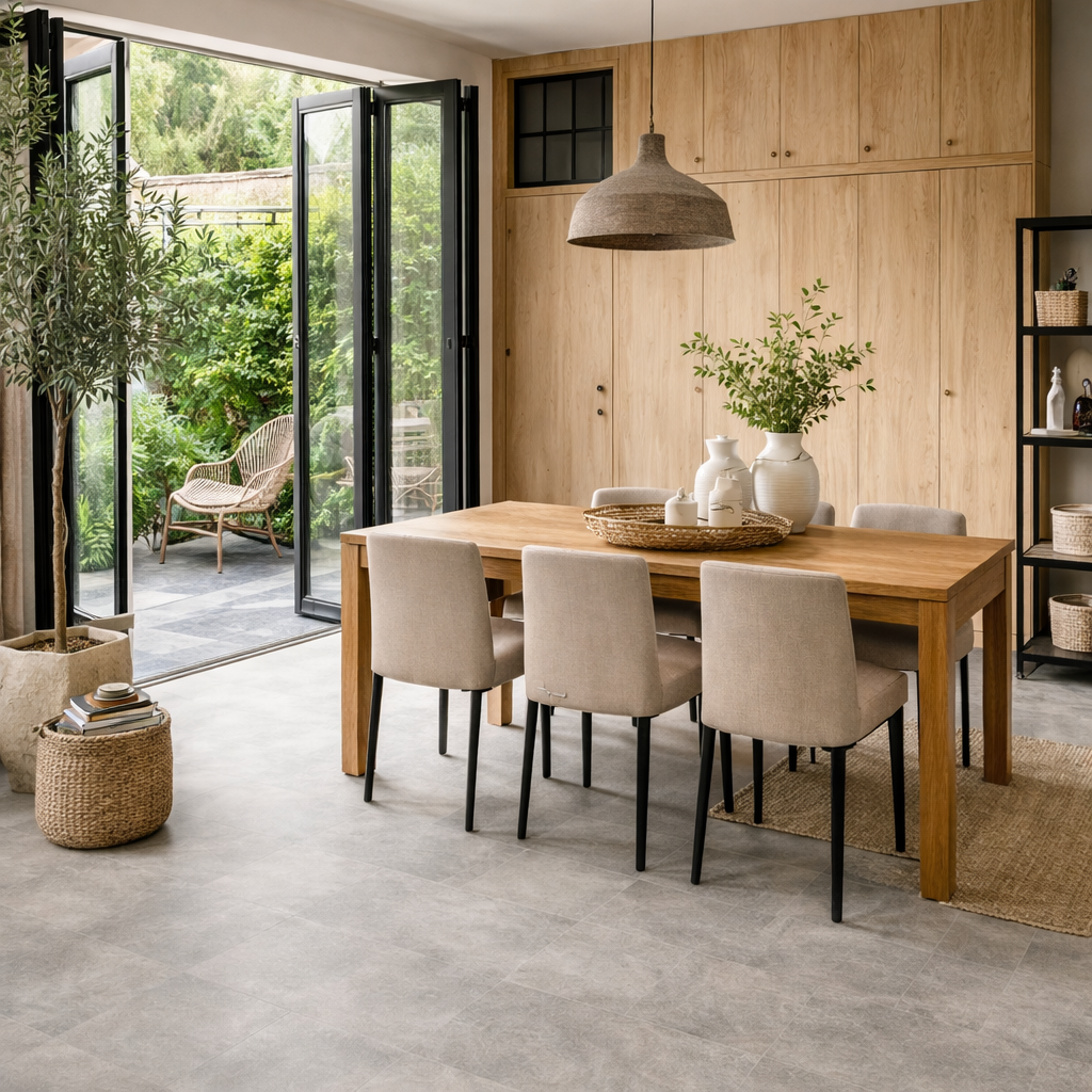 Stone effect vinyl flooring in a modern dining room with bi-fold doors opening to a garden and contemporary dining furniture