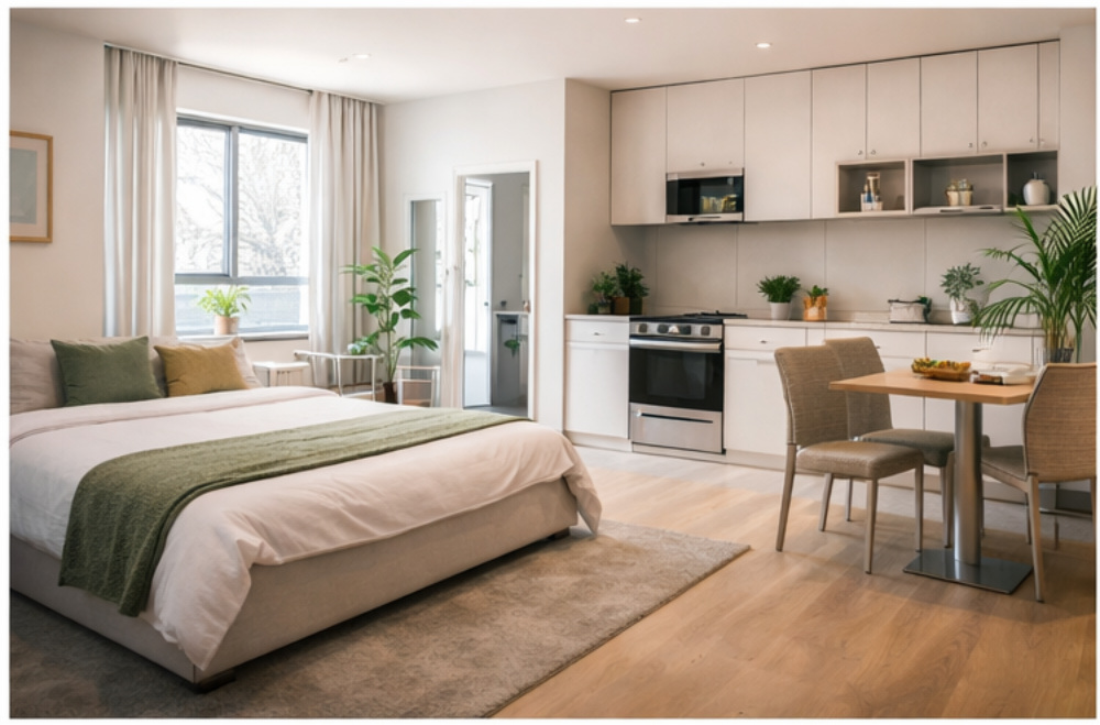 Modern studio bedsit with light wood flooring, compact kitchenette, dining table, soft furnishings and neutral décor for rental accommodation.