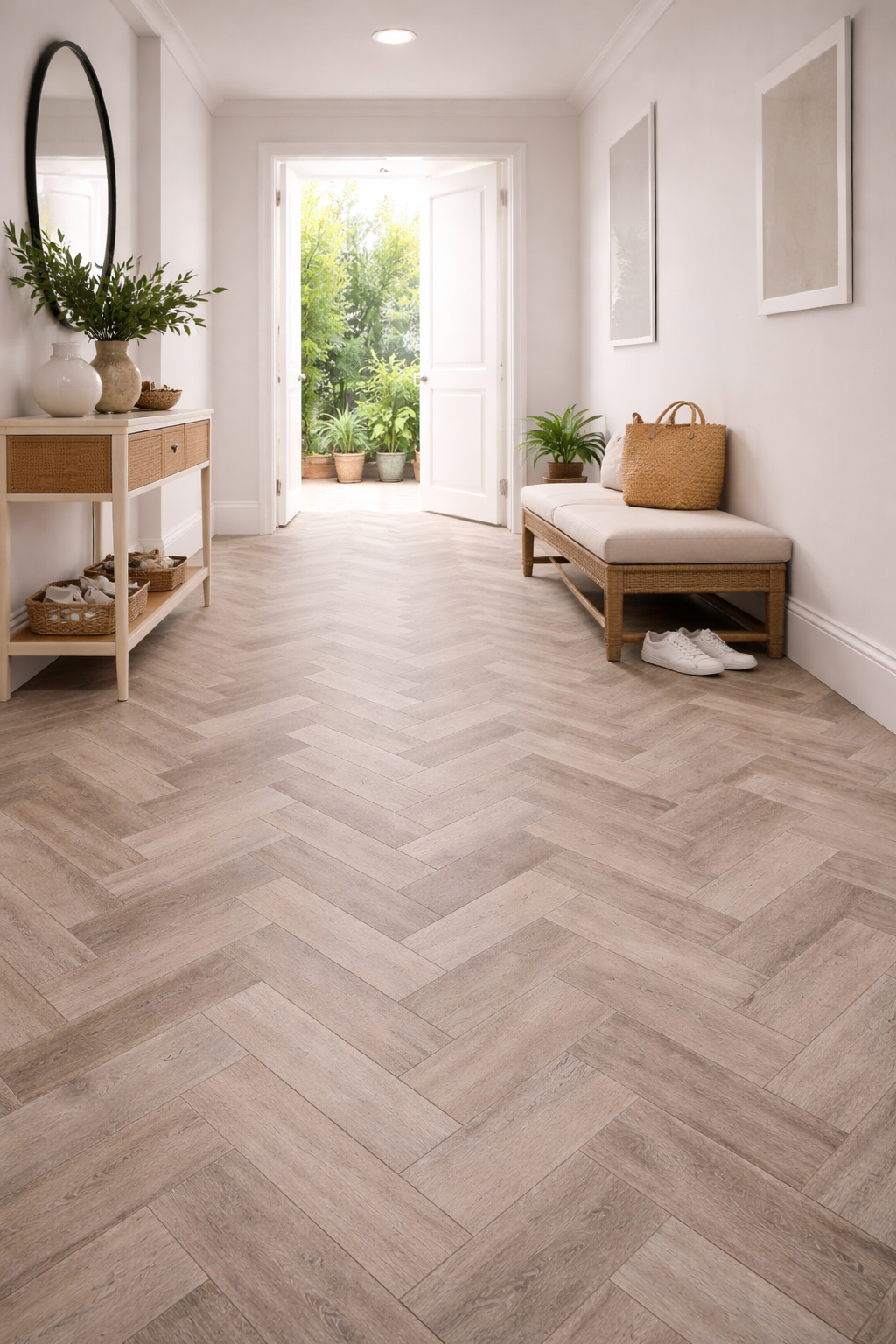 Light herringbone vinyl flooring fitted in a bright modern hallway with natural décor and clean contemporary finish in Surbiton and Southwest London