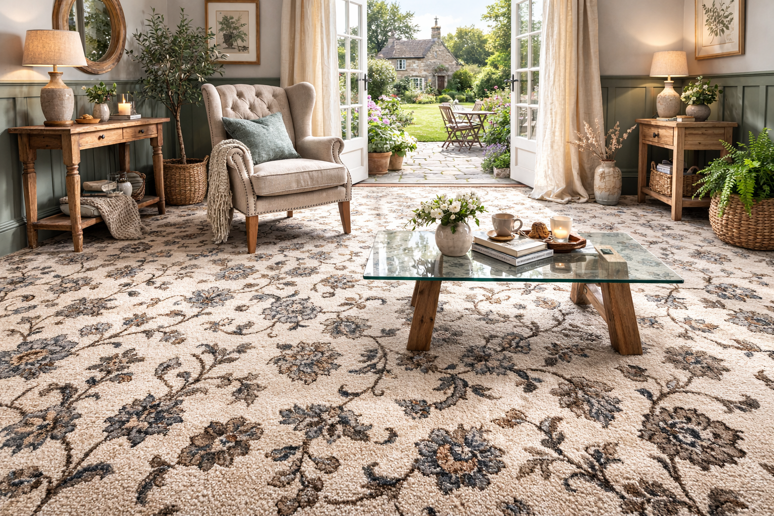 100% wool and wool-blend carpet in a country living cottage interior with open French doors to the garden, showcasing a soft, natural hero carpet.