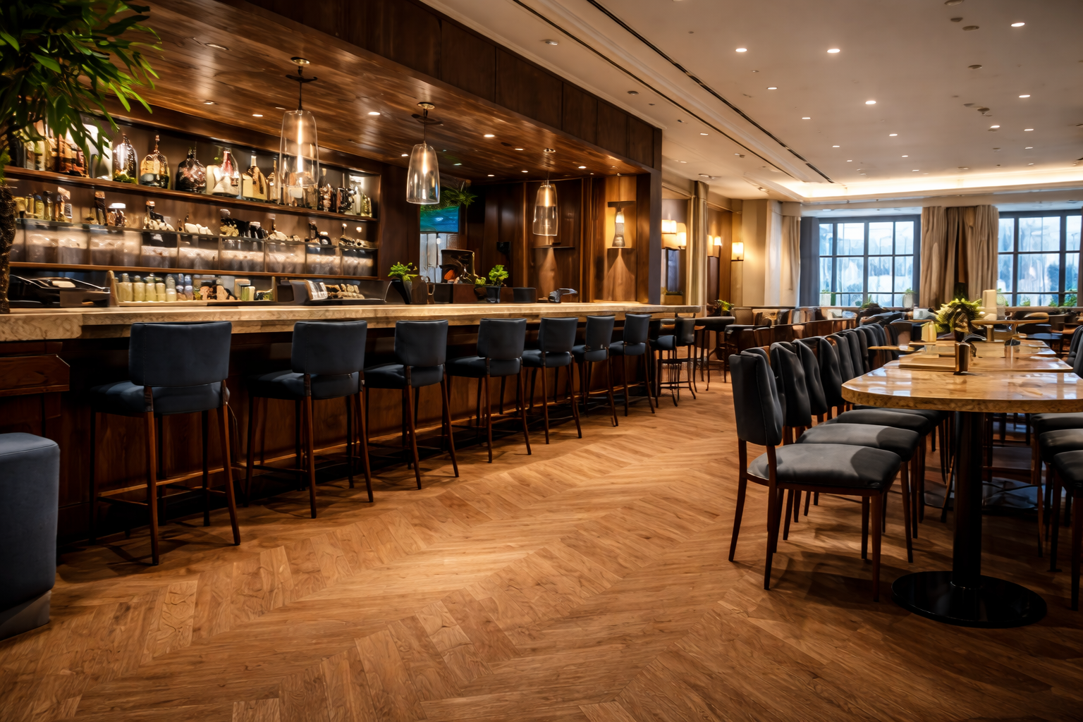 Restaurant and bar interior with durable hospitality flooring