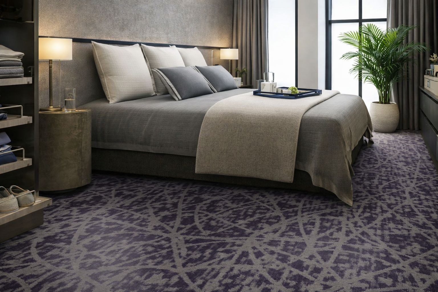 Luxury patterned carpet fitted in a modern bedroom with palm plant and contemporary décor in Surbiton and South West London