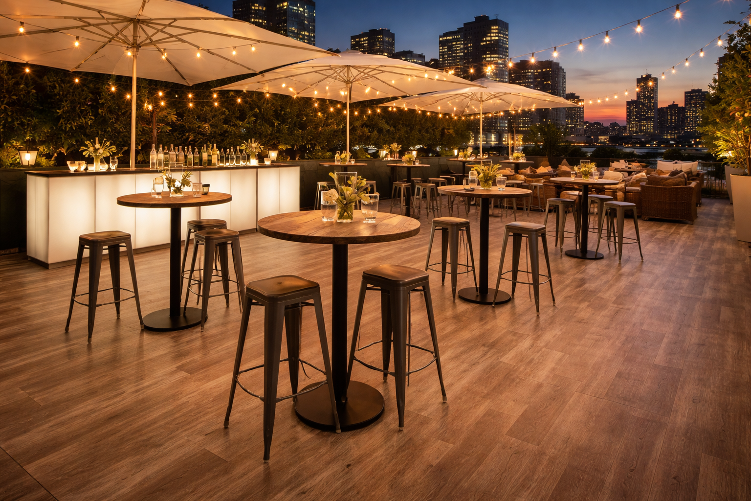 Outdoor rooftop event with wood-effect LVT flooring, bar seating and tables, durable commercial flooring for hospitality and events in Surrey and South West London
