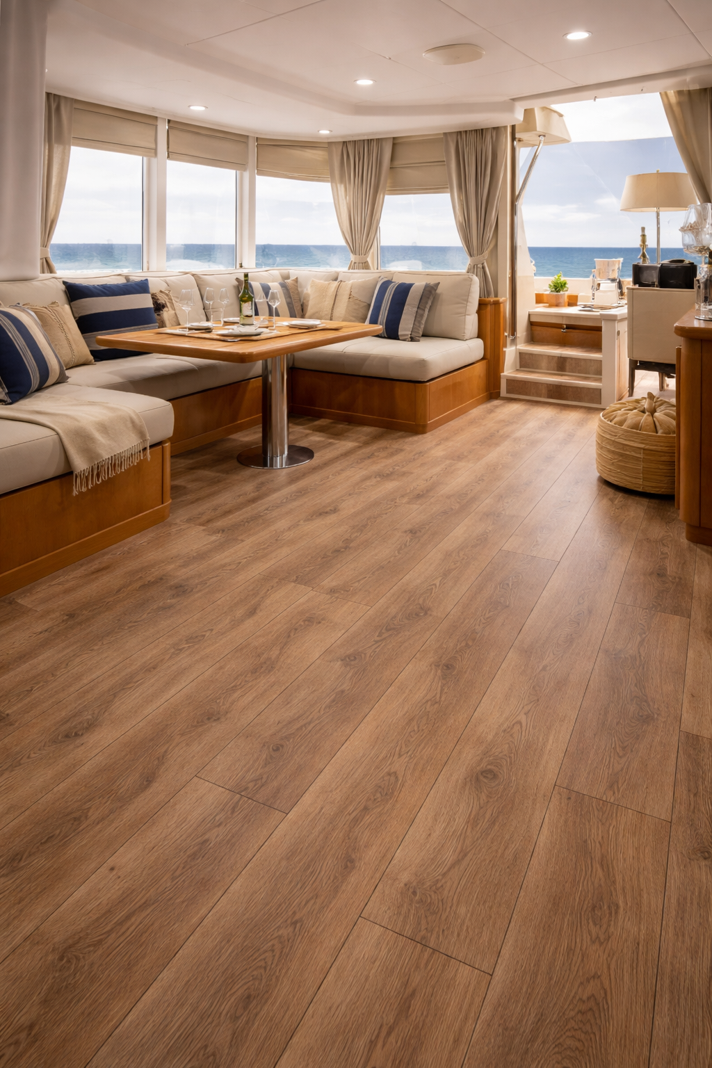 Oak-effect laminate flooring fitted in a stylish modern boat interior with seating and coastal-inspired finish in Surbiton and Southwest London